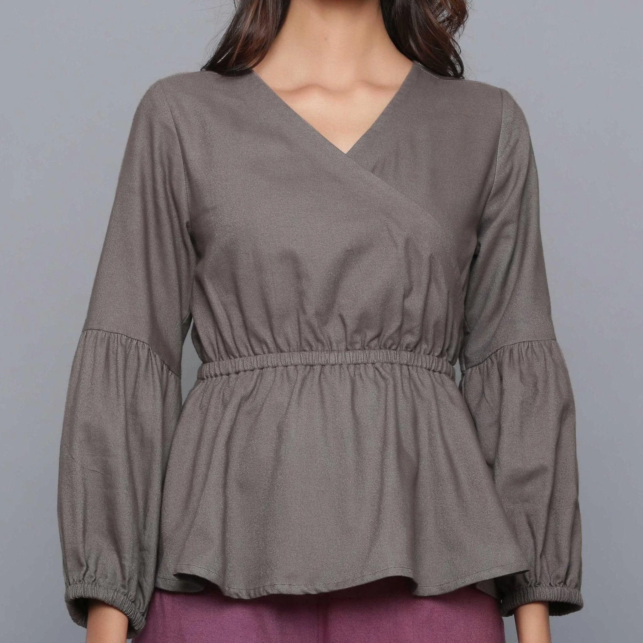 Ash Grey Warm Cotton Flannel Elasticated Wrap Top
