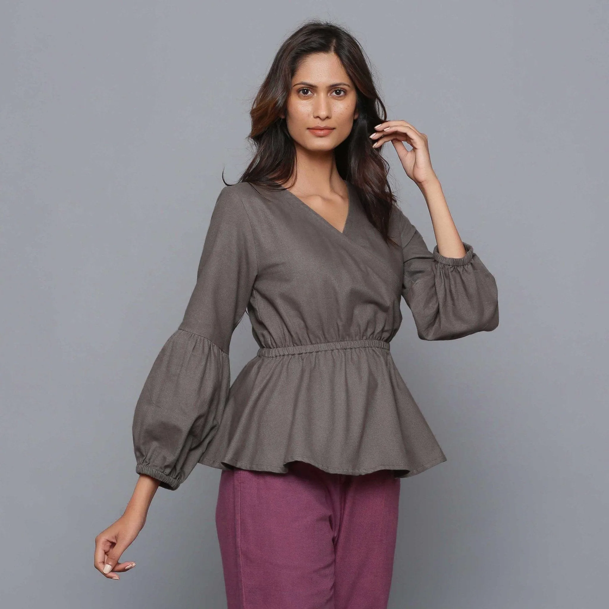 Ash Grey Warm Cotton Flannel Elasticated Wrap Top