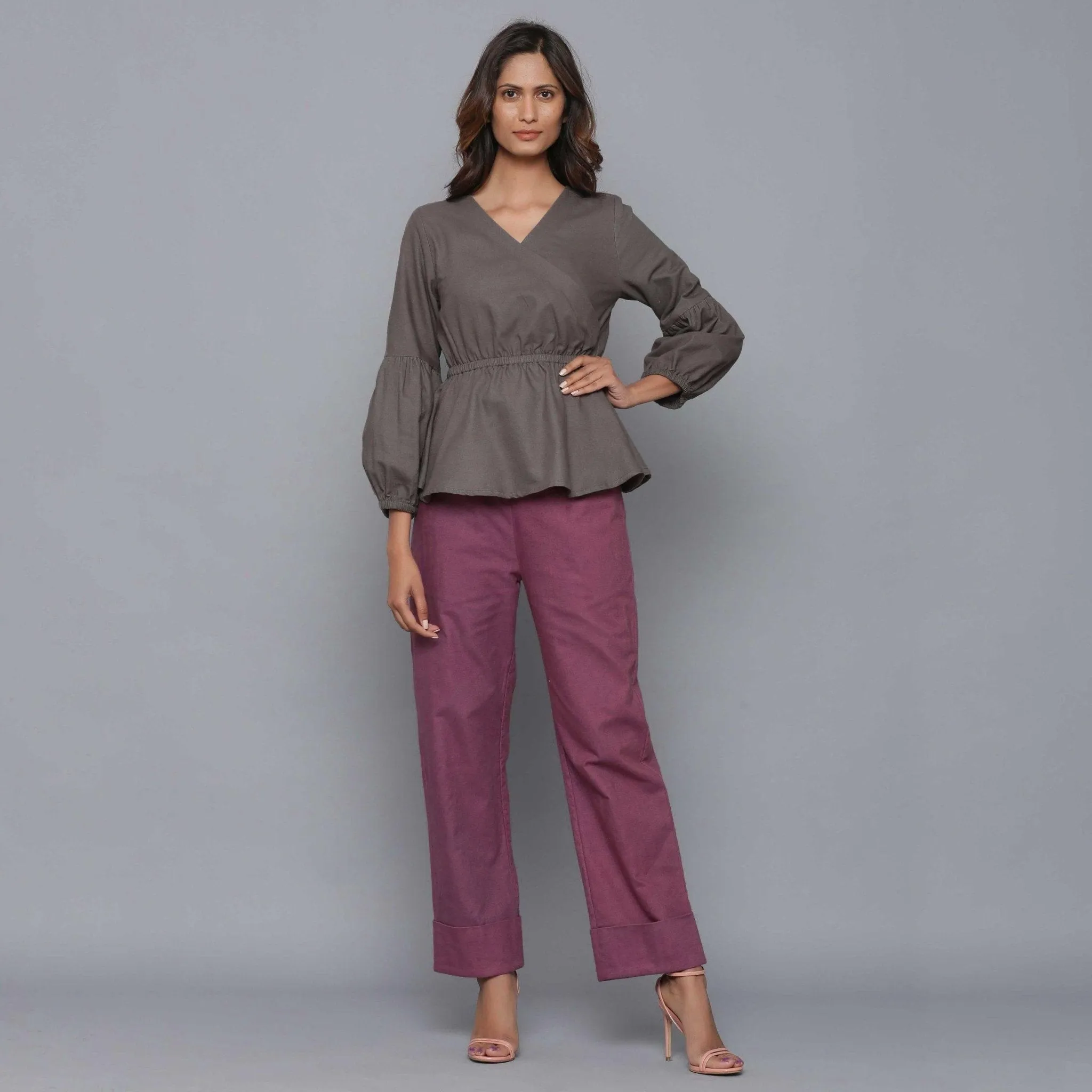 Ash Grey Warm Cotton Flannel Elasticated Wrap Top