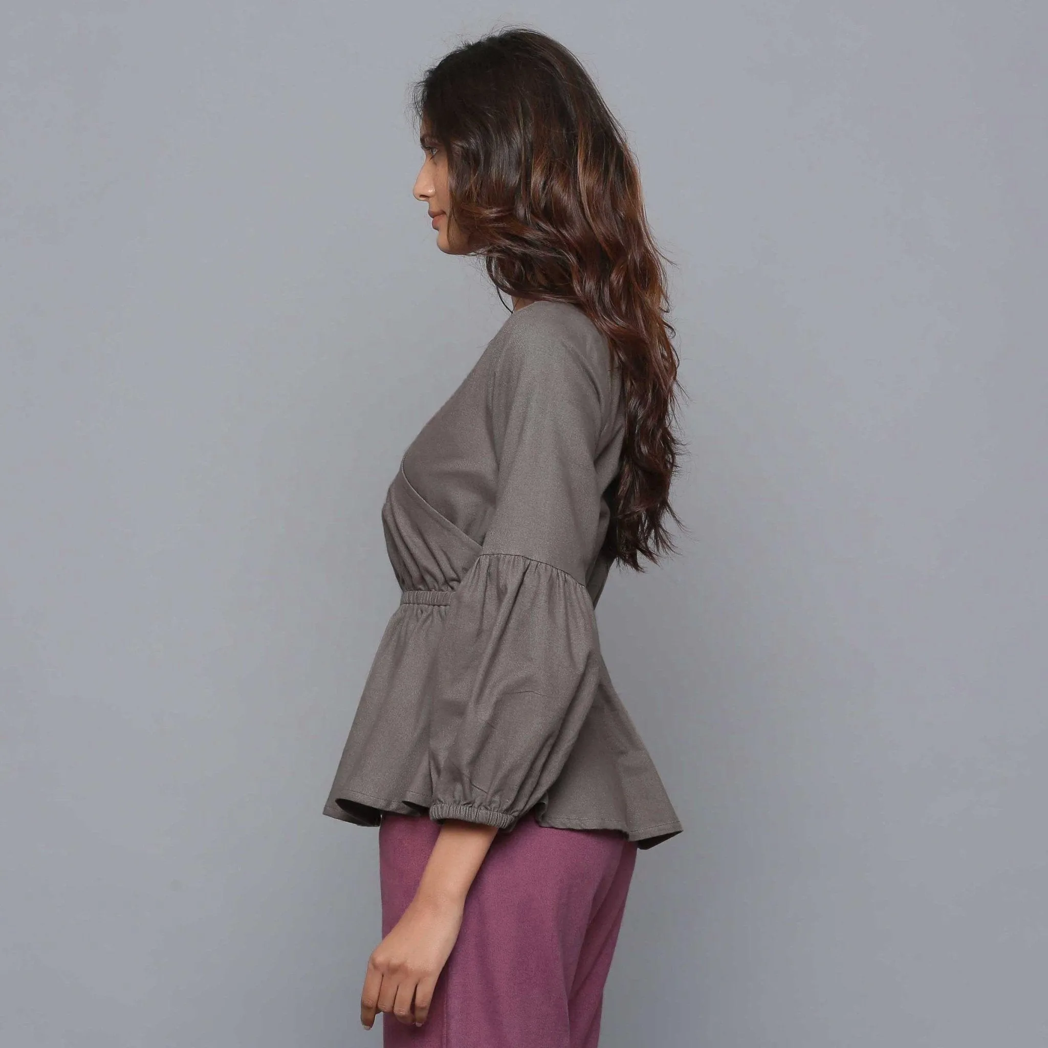 Ash Grey Warm Cotton Flannel Elasticated Wrap Top