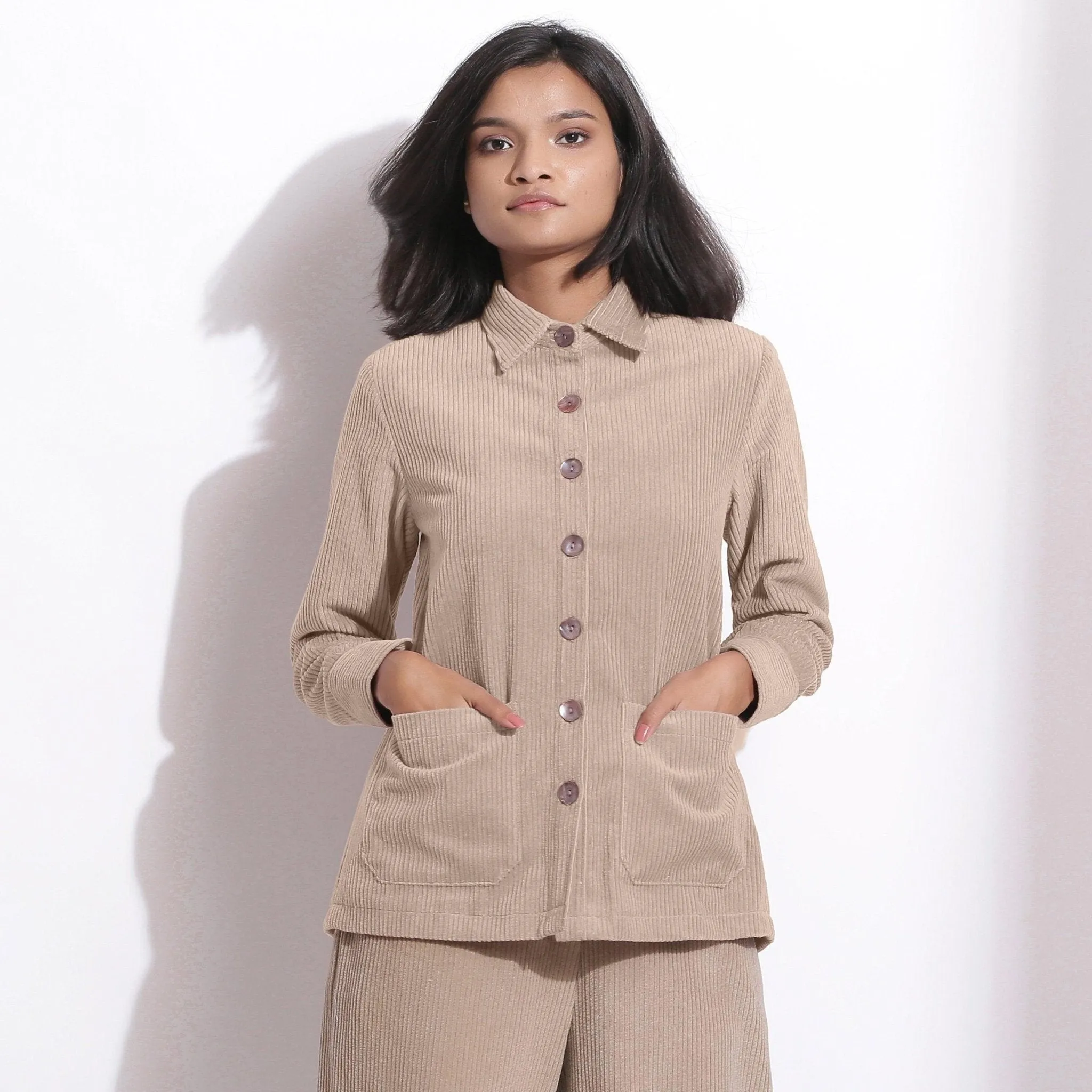 Beige Warm Cotton Corduroy Button-Down Shirt