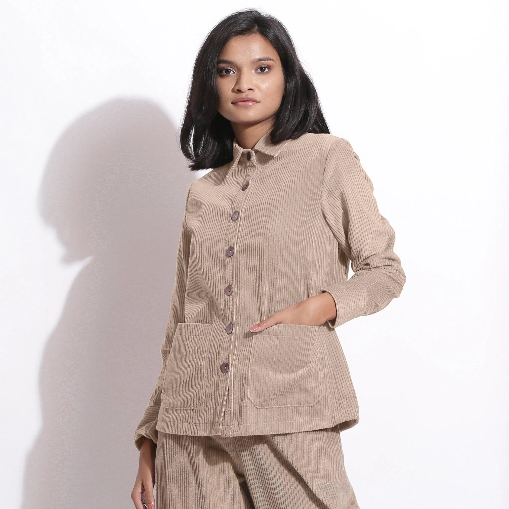 Beige Warm Cotton Corduroy Button-Down Shirt