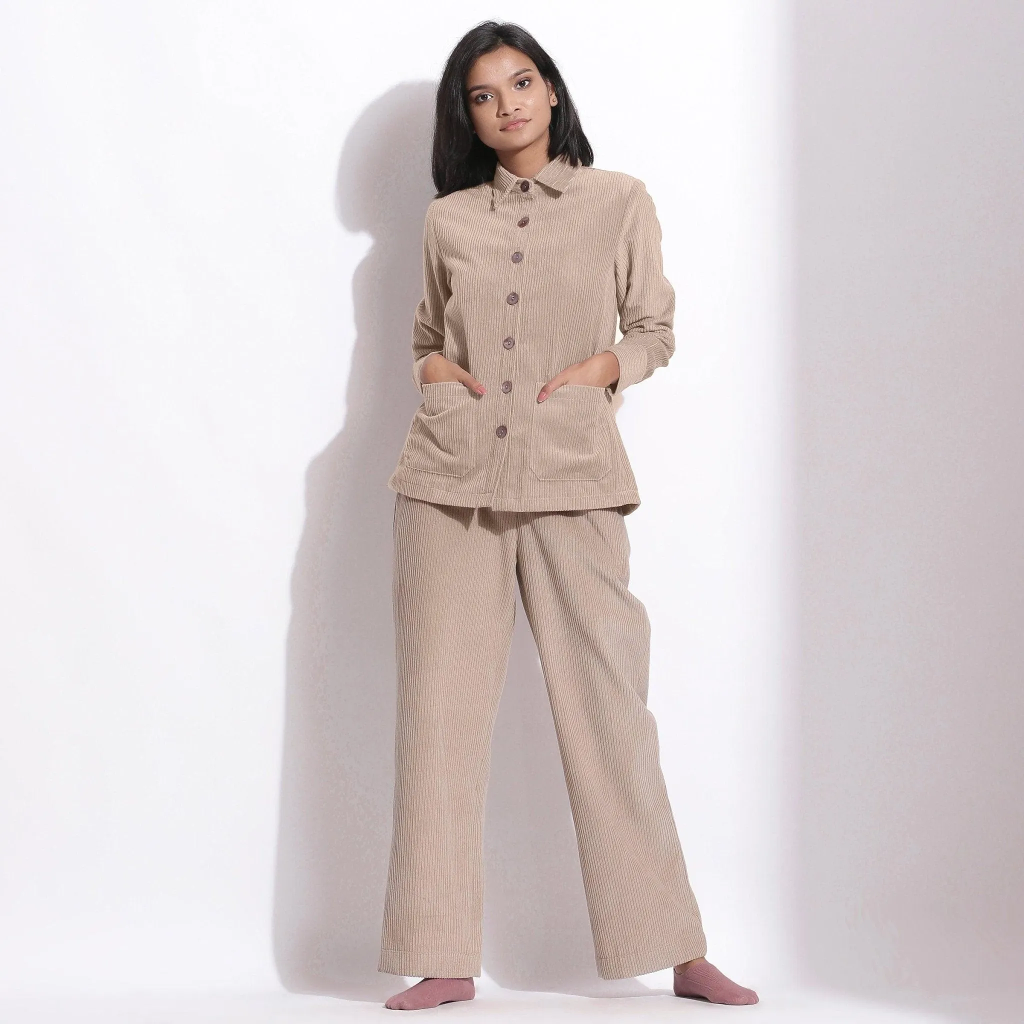 Beige Warm Cotton Corduroy Button-Down Shirt
