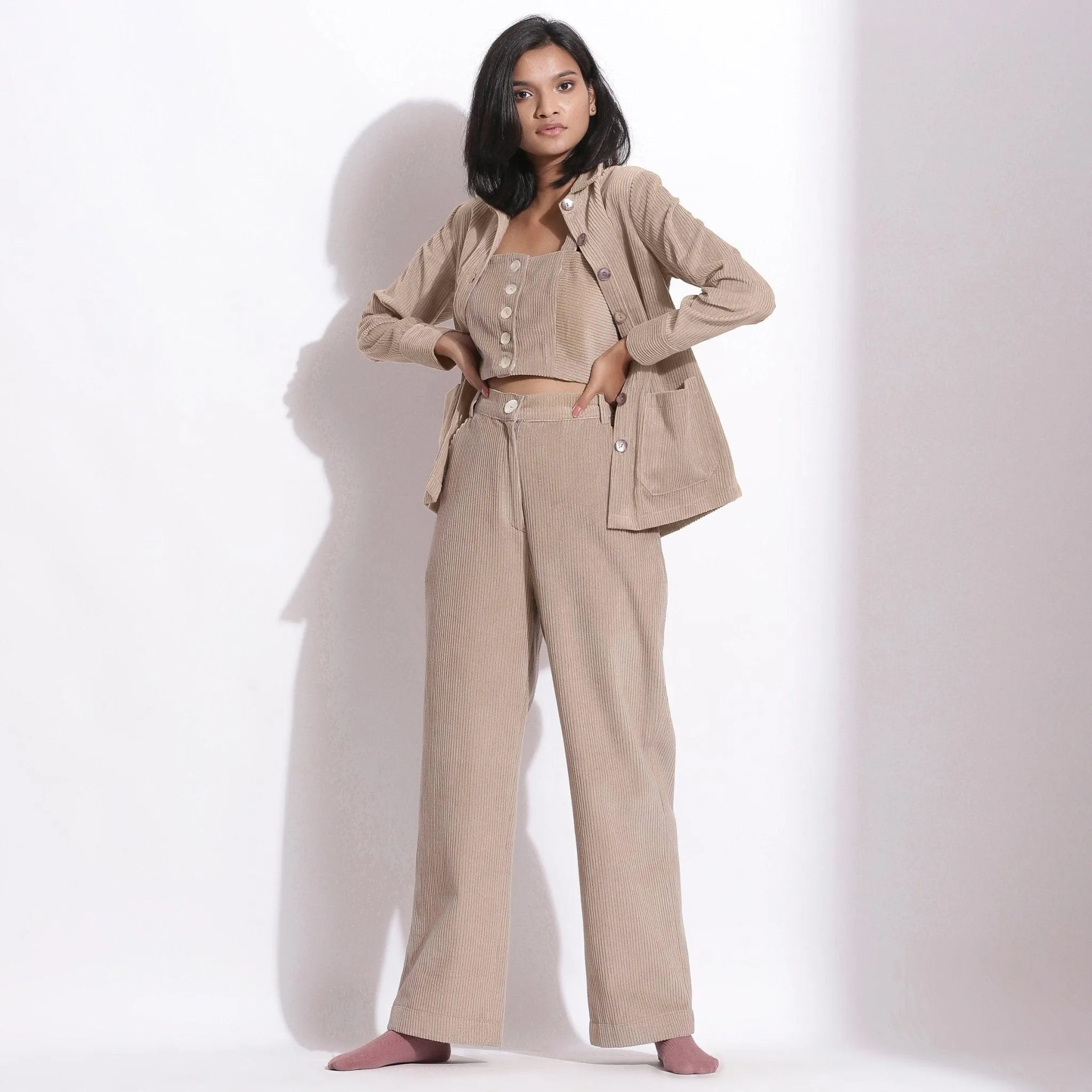 Beige Warm Cotton Corduroy Button-Down Shirt