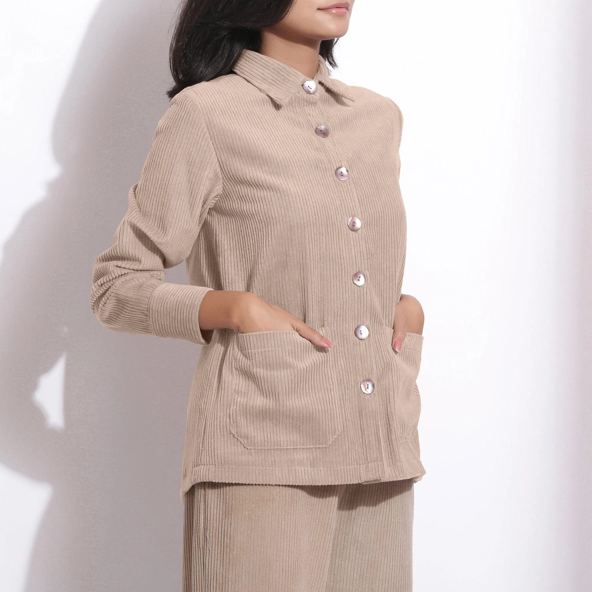 Beige Warm Cotton Corduroy Button-Down Shirt