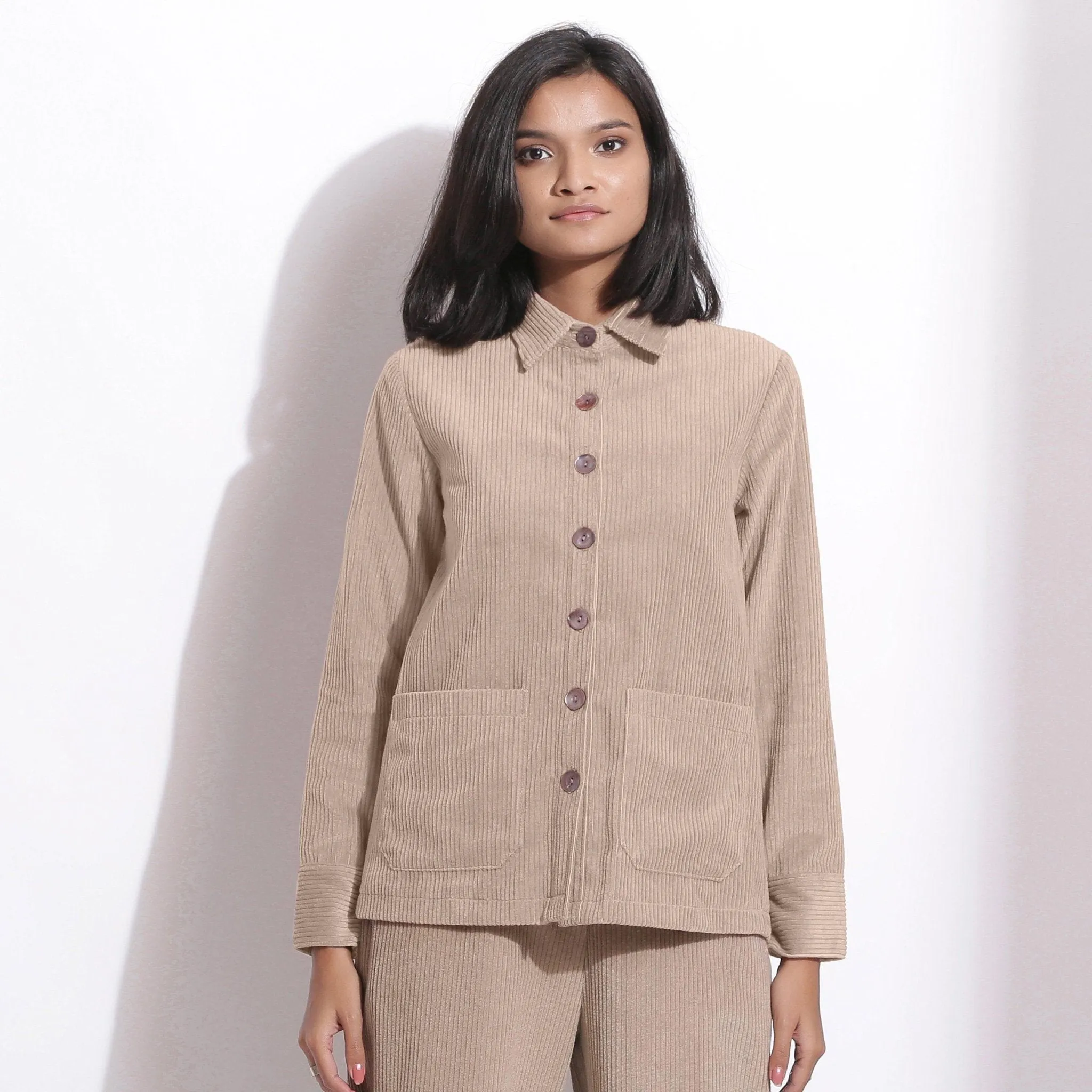 Beige Warm Cotton Corduroy Button-Down Shirt