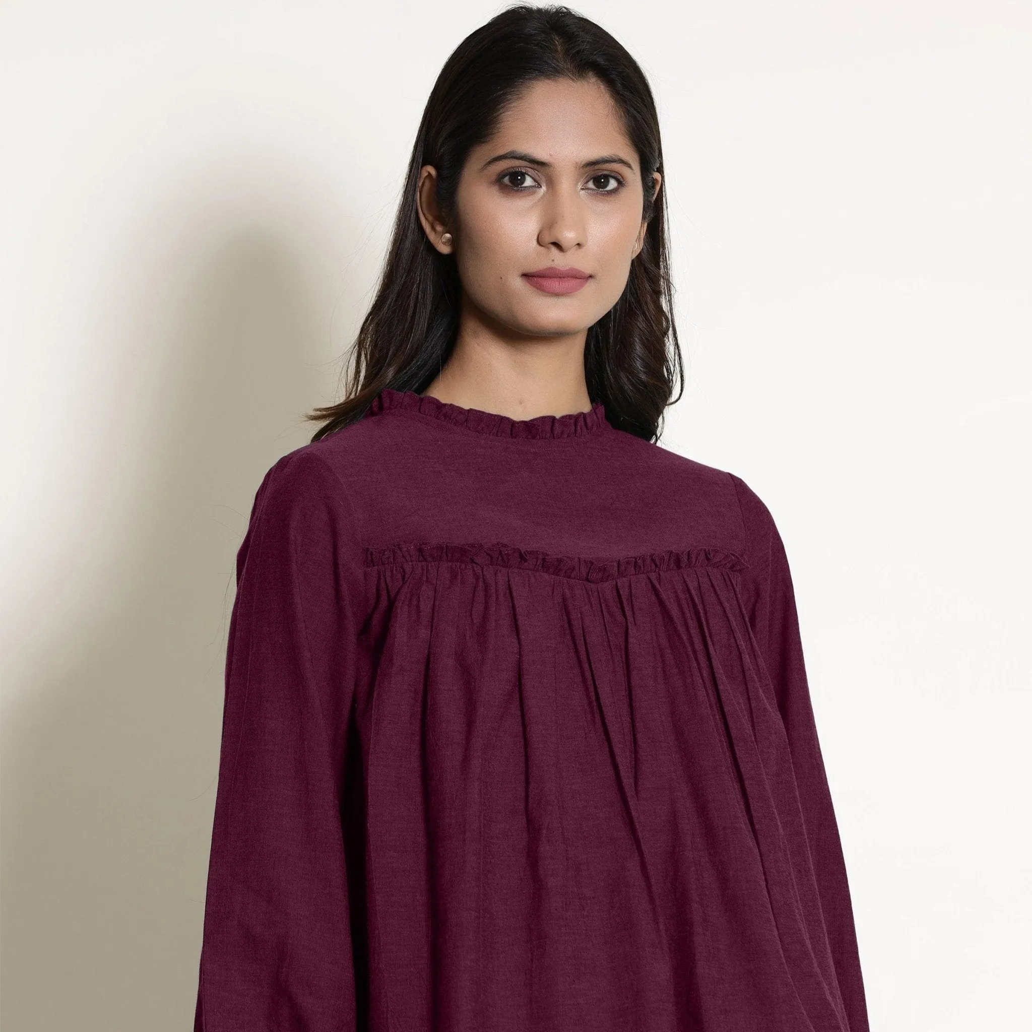 Berry Wine Warm Cotton Frill Gathered Top