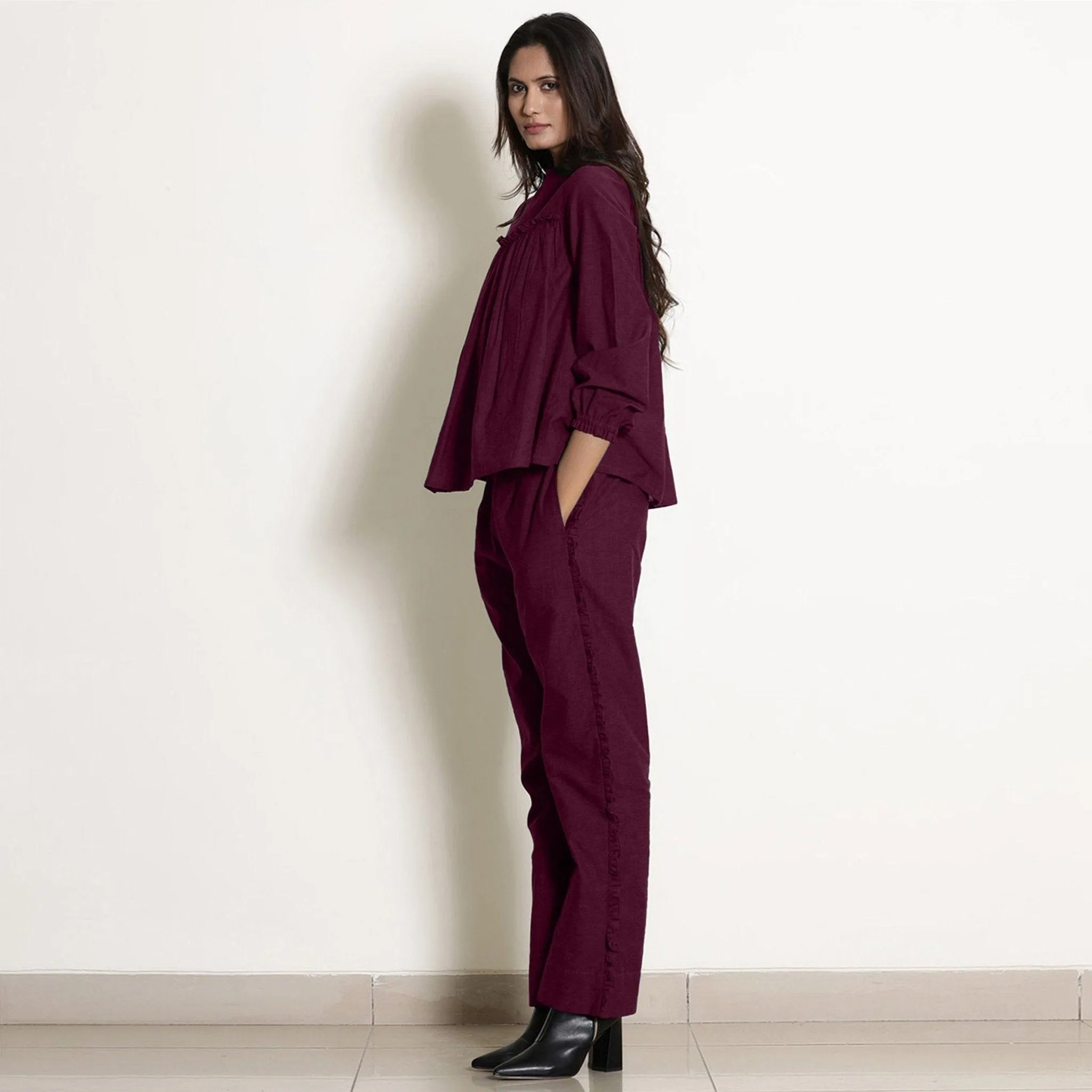 Berry Wine Warm Cotton Frill Gathered Top