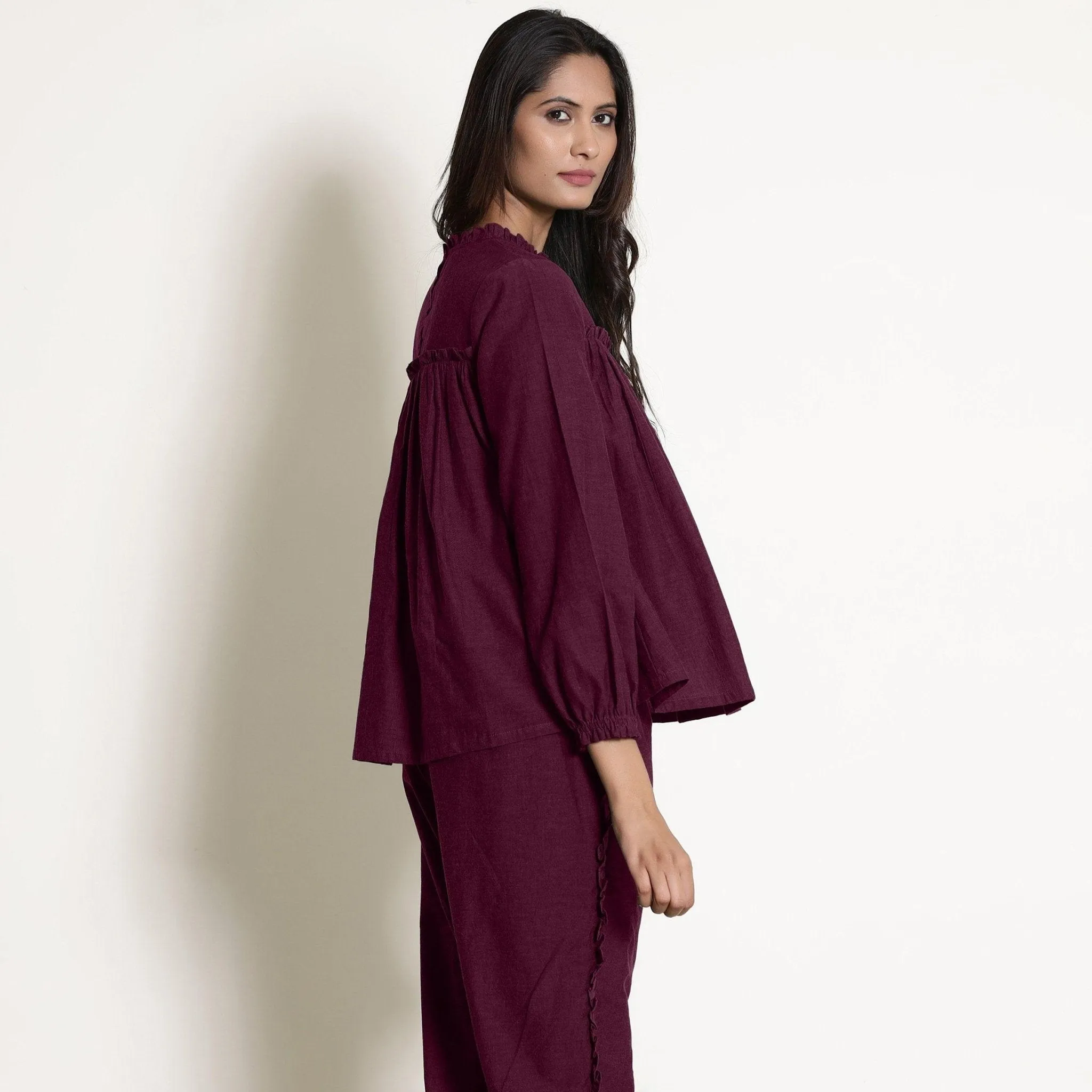 Berry Wine Warm Cotton Frill Gathered Top