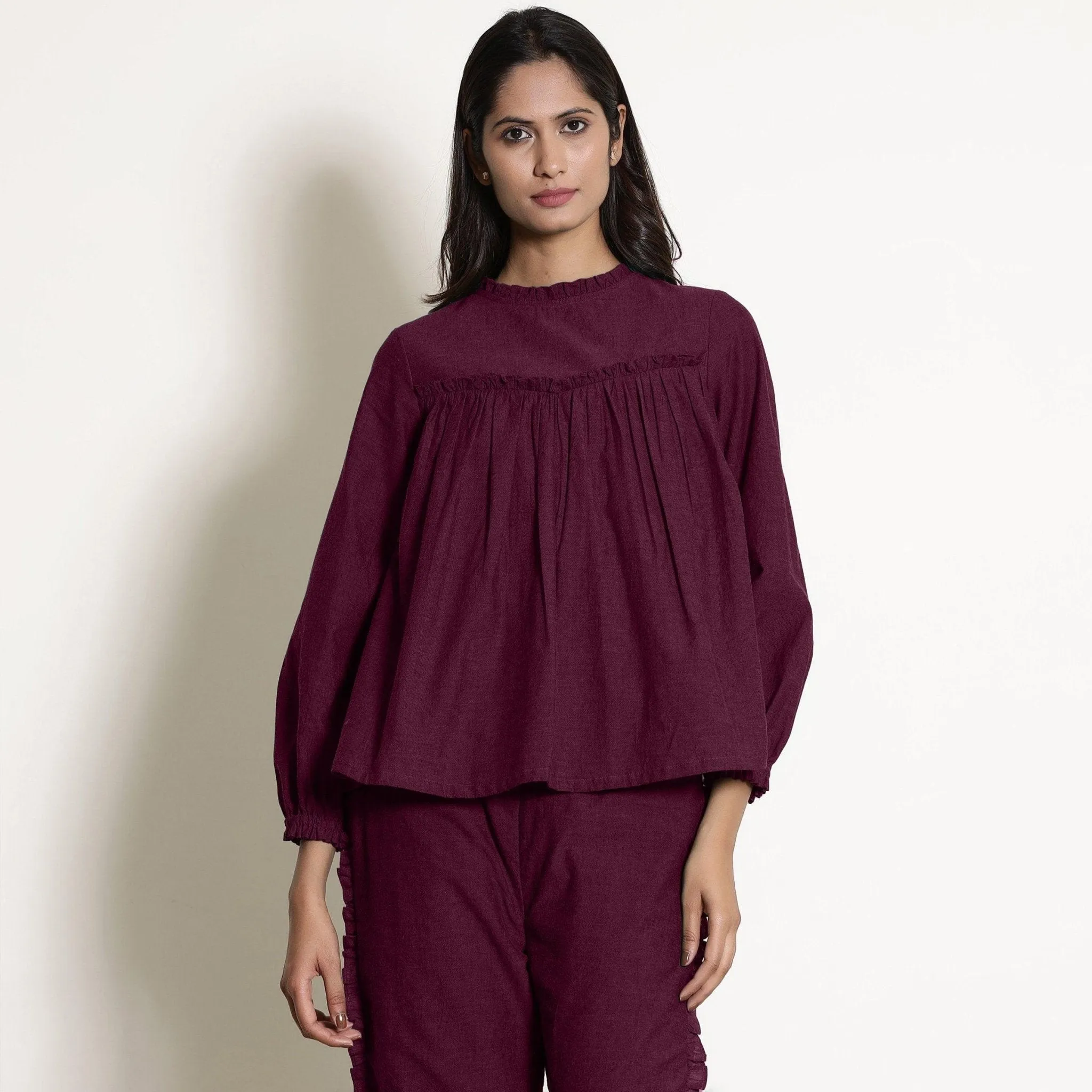 Berry Wine Warm Cotton Frill Gathered Top