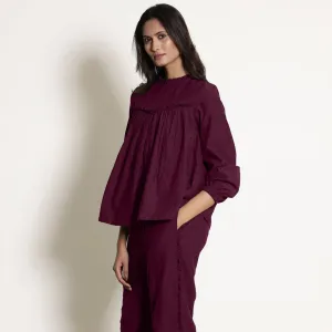 Berry Wine Warm Cotton Frill Gathered Top