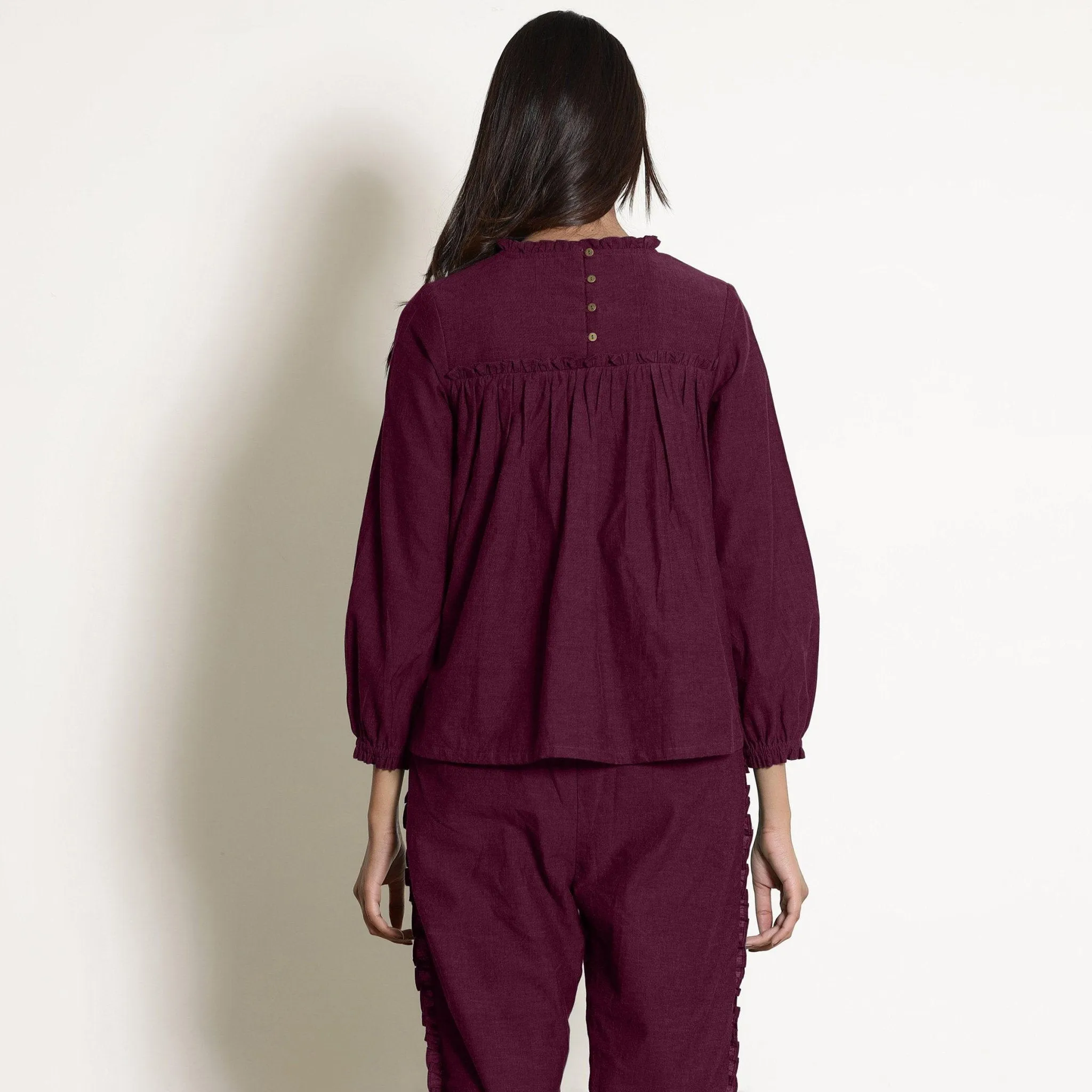 Berry Wine Warm Cotton Frill Gathered Top