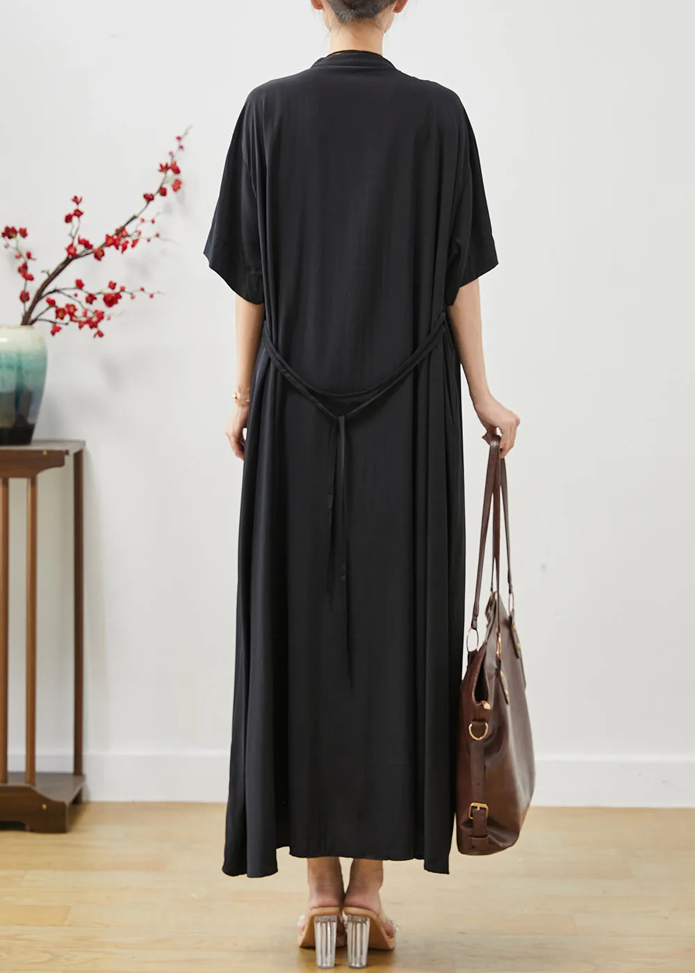Black Cotton Robe Dresses Stand Collar Oversized Summer AP1072