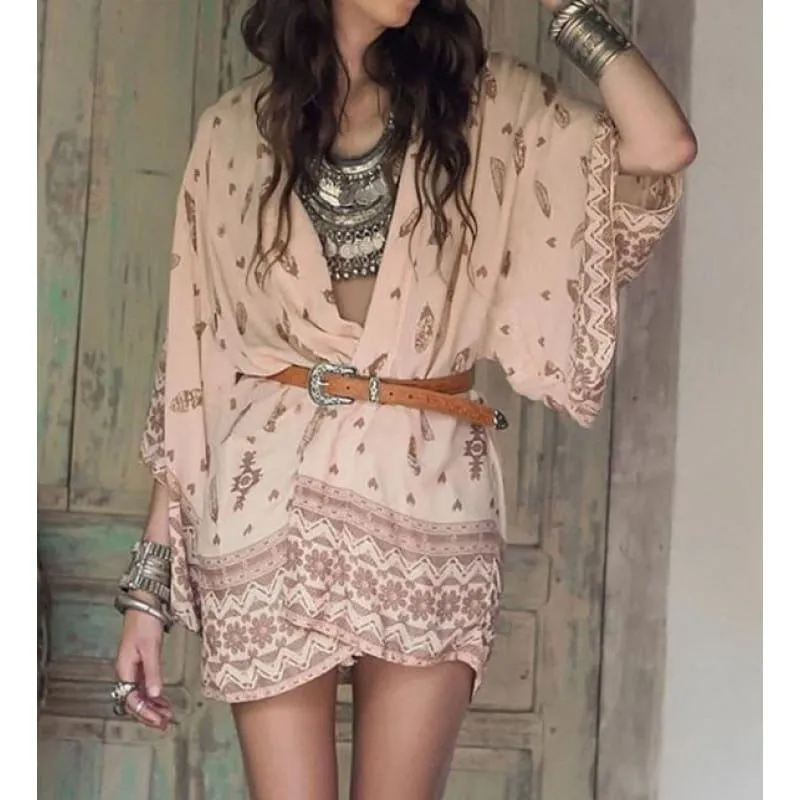 Boho Printed Chiffon Print Loose Kimono Blouse