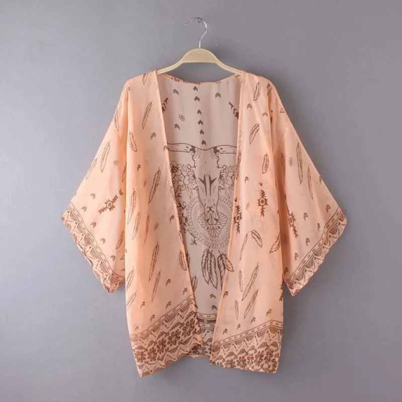 Boho Printed Chiffon Print Loose Kimono Blouse