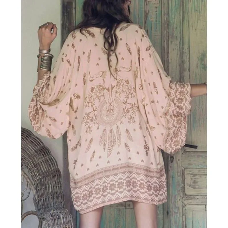 Boho Printed Chiffon Print Loose Kimono Blouse