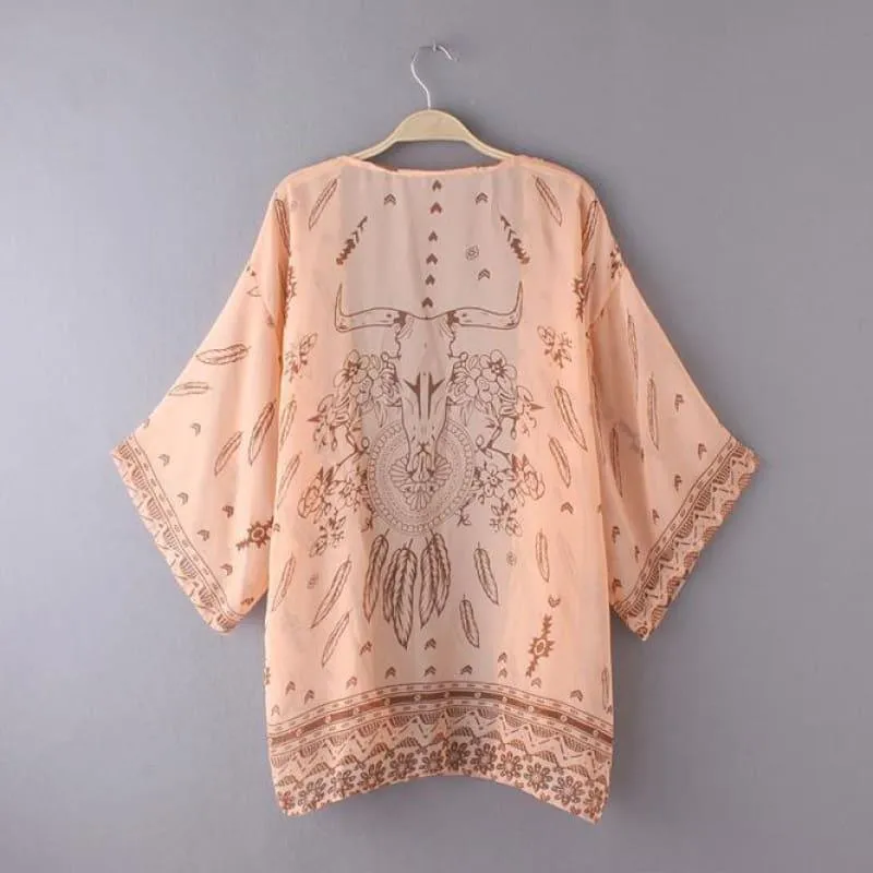 Boho Printed Chiffon Print Loose Kimono Blouse