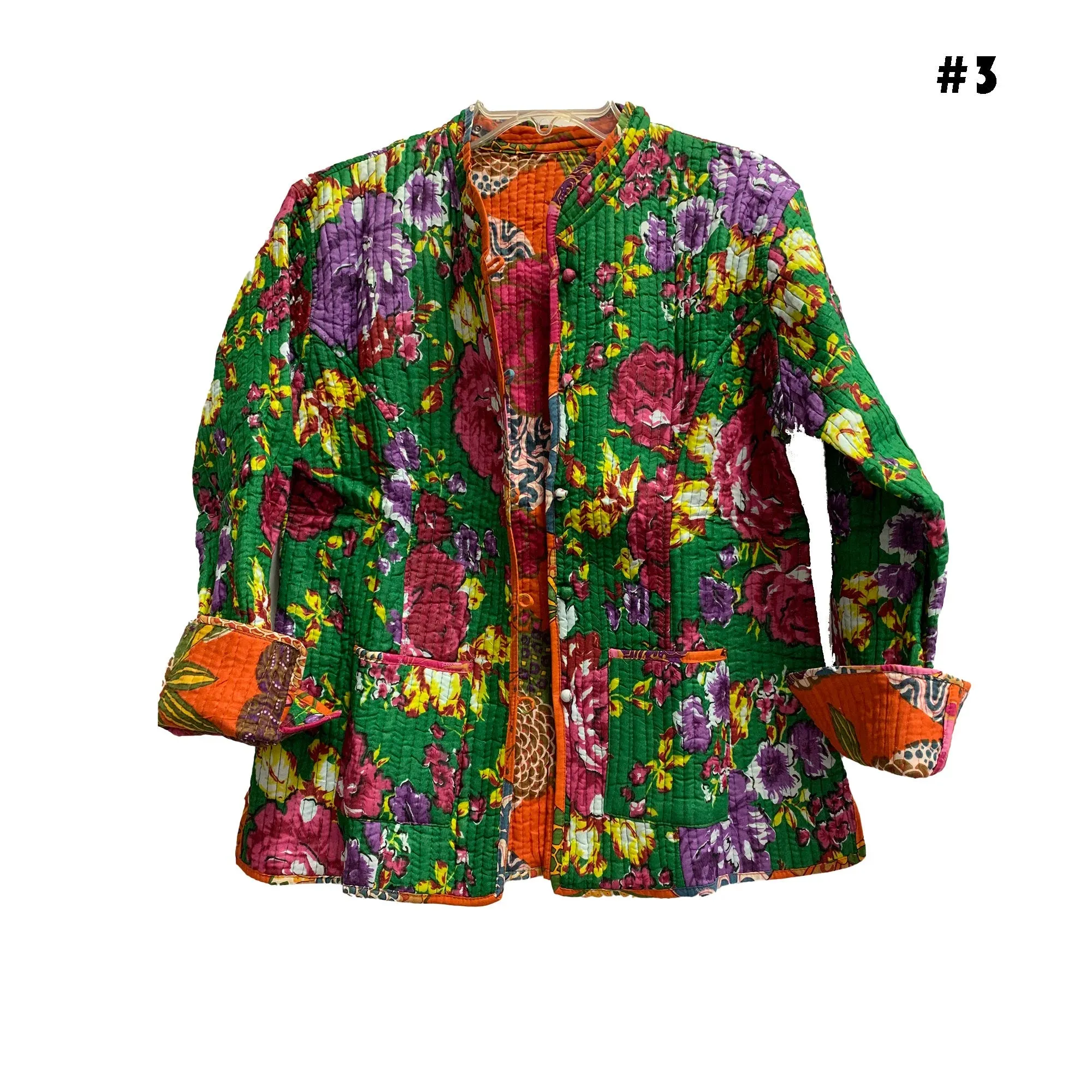 Boho Reversible Missy Floral Quilted Cotton Outerwear light weight Jacket Cardigan with Pockets [LARGE/X-LARGE]