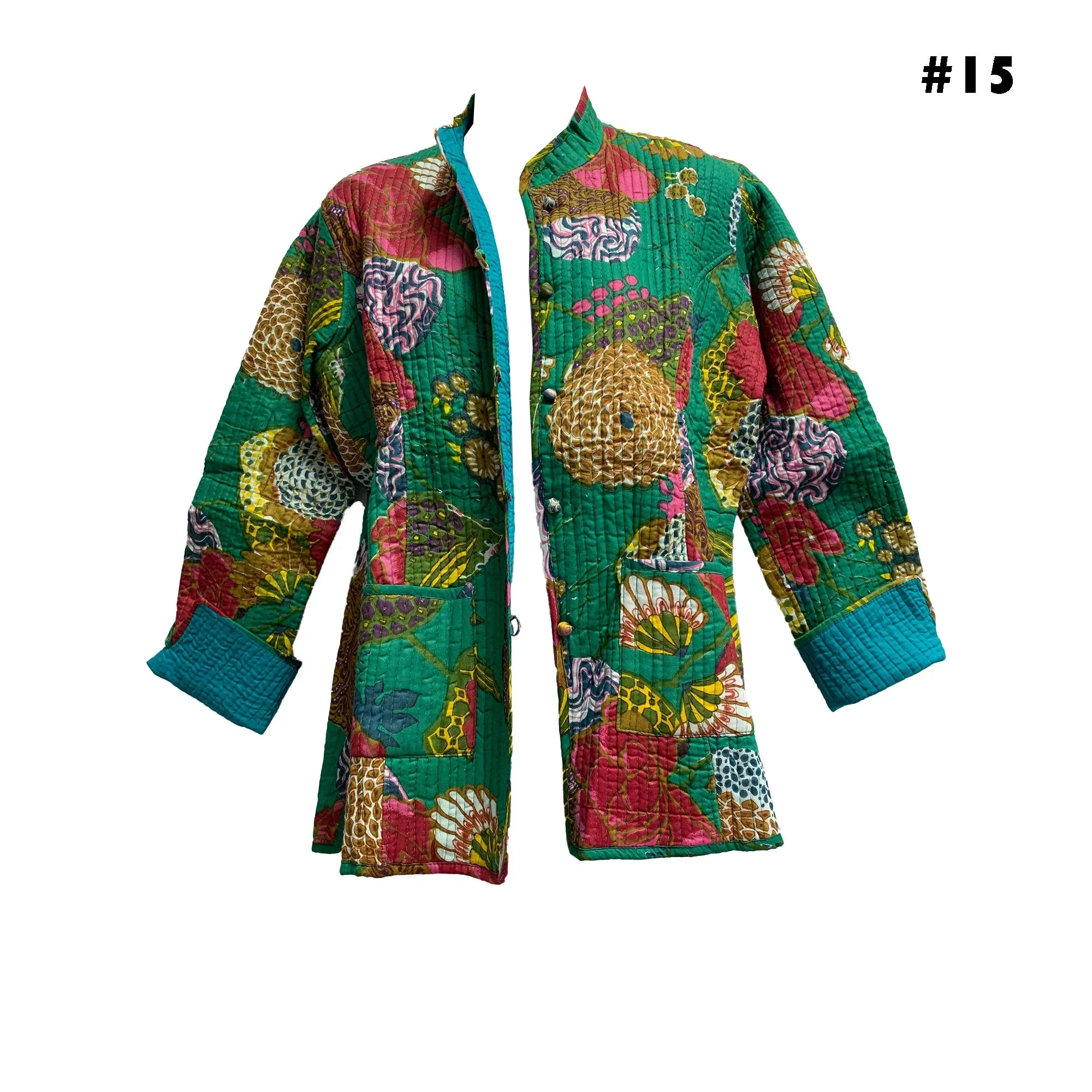 Boho Reversible Missy Floral Quilted Cotton Outerwear light weight Jacket Cardigan with Pockets [LARGE/X-LARGE]
