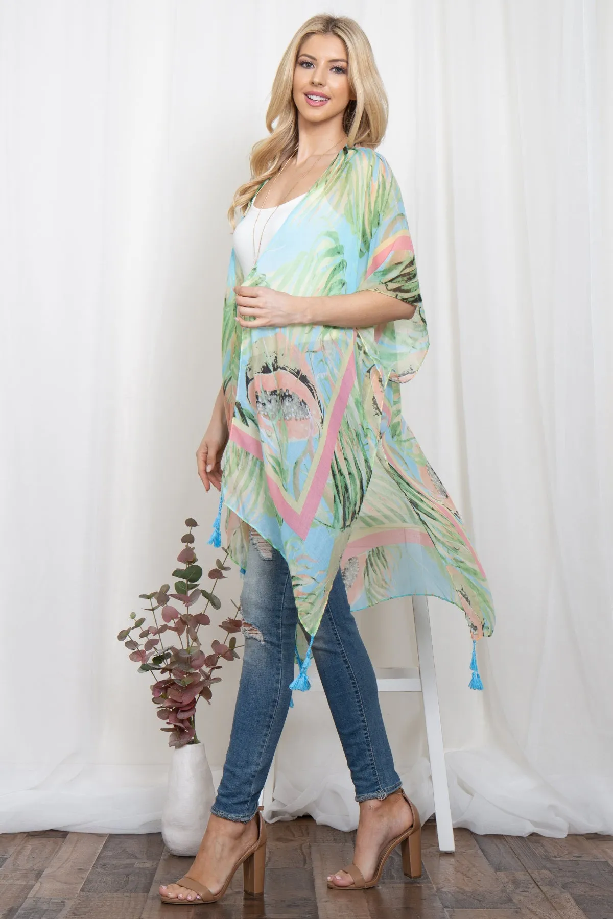 BOHO TROPICAL PRINT OPEN FRONT TASSEL KIMONO