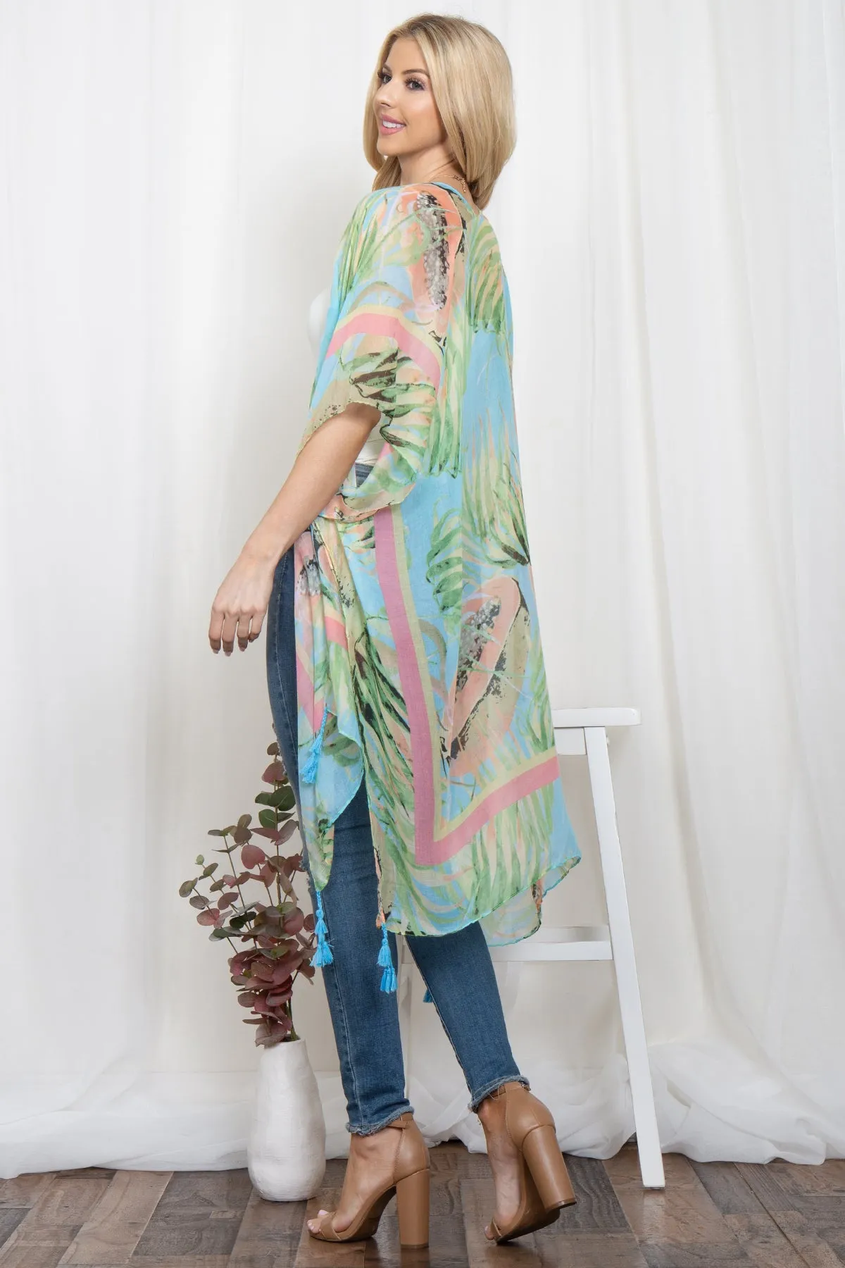 BOHO TROPICAL PRINT OPEN FRONT TASSEL KIMONO