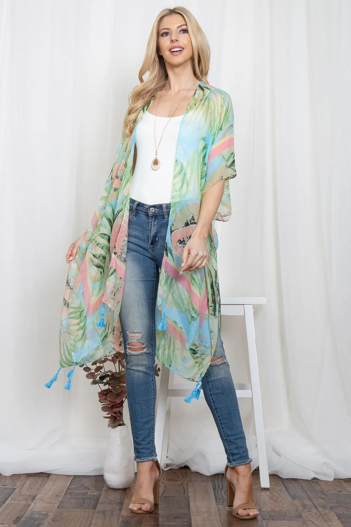 BOHO TROPICAL PRINT OPEN FRONT TASSEL KIMONO