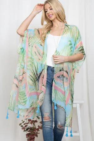 BOHO TROPICAL PRINT OPEN FRONT TASSEL KIMONO