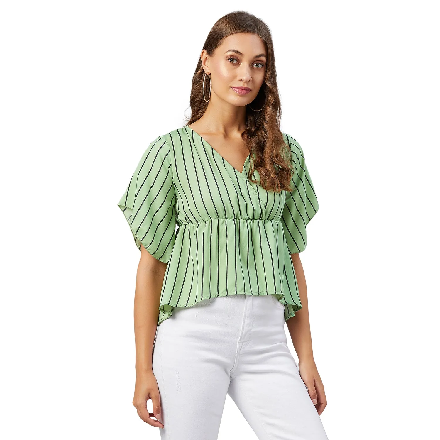 Chimpaaanzee Women Green Striped Crepe Asymmetrical Top