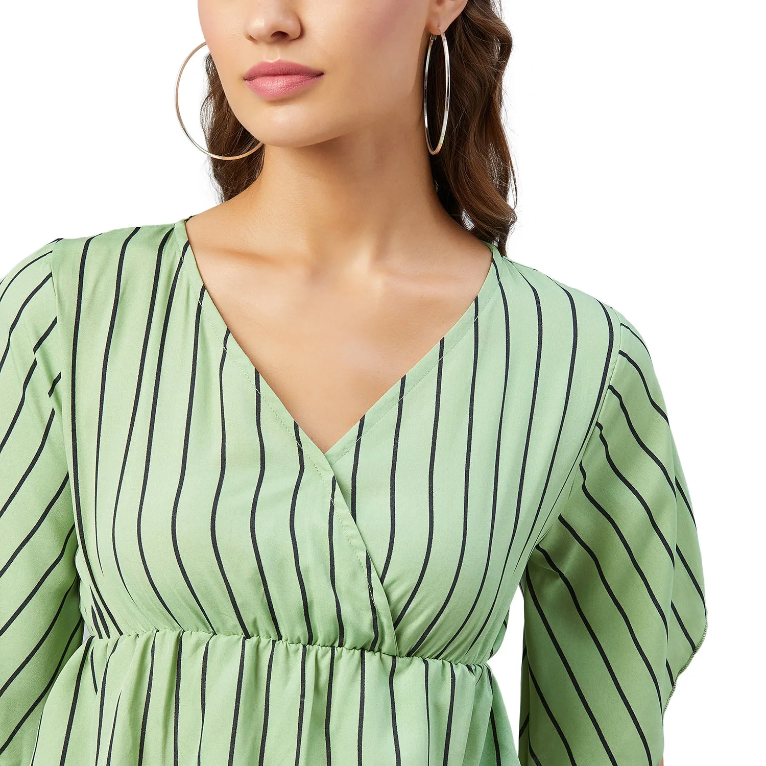Chimpaaanzee Women Green Striped Crepe Asymmetrical Top