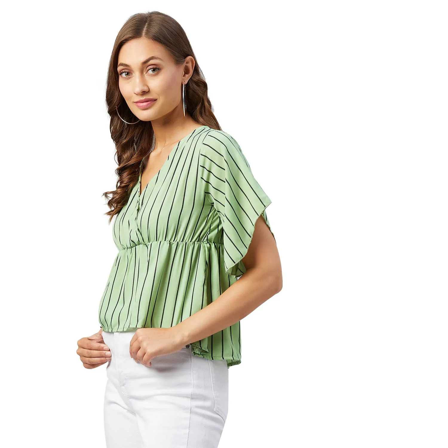 Chimpaaanzee Women Green Striped Crepe Asymmetrical Top