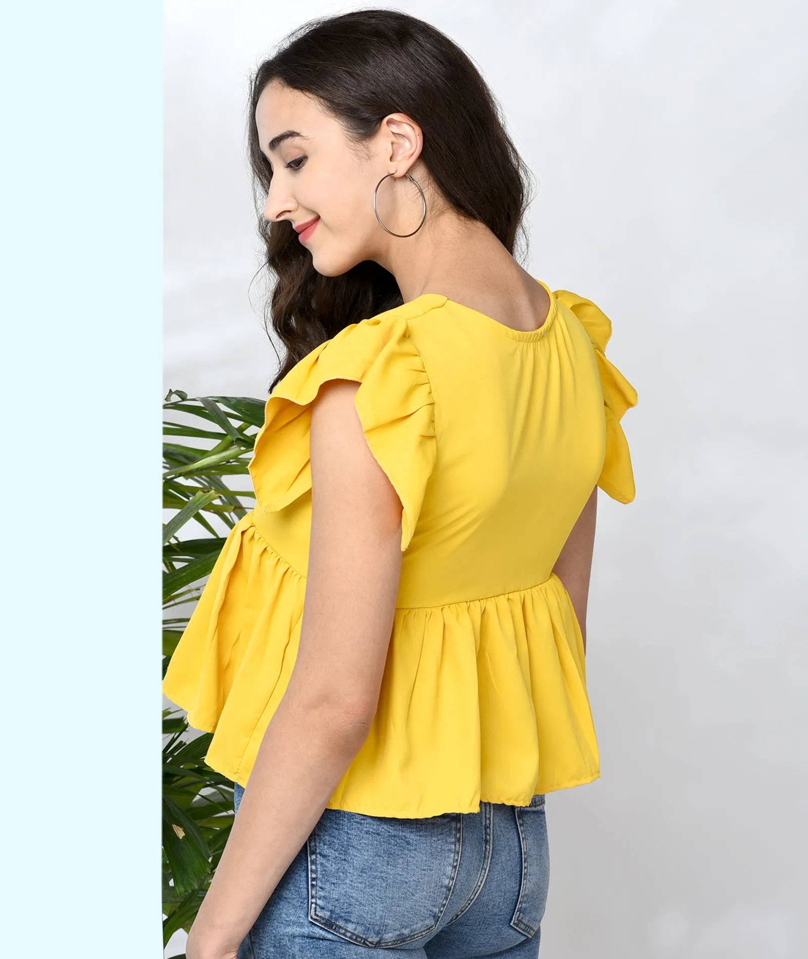 Chimpaaanzee Women Mustard Solid Ruffled Style Top