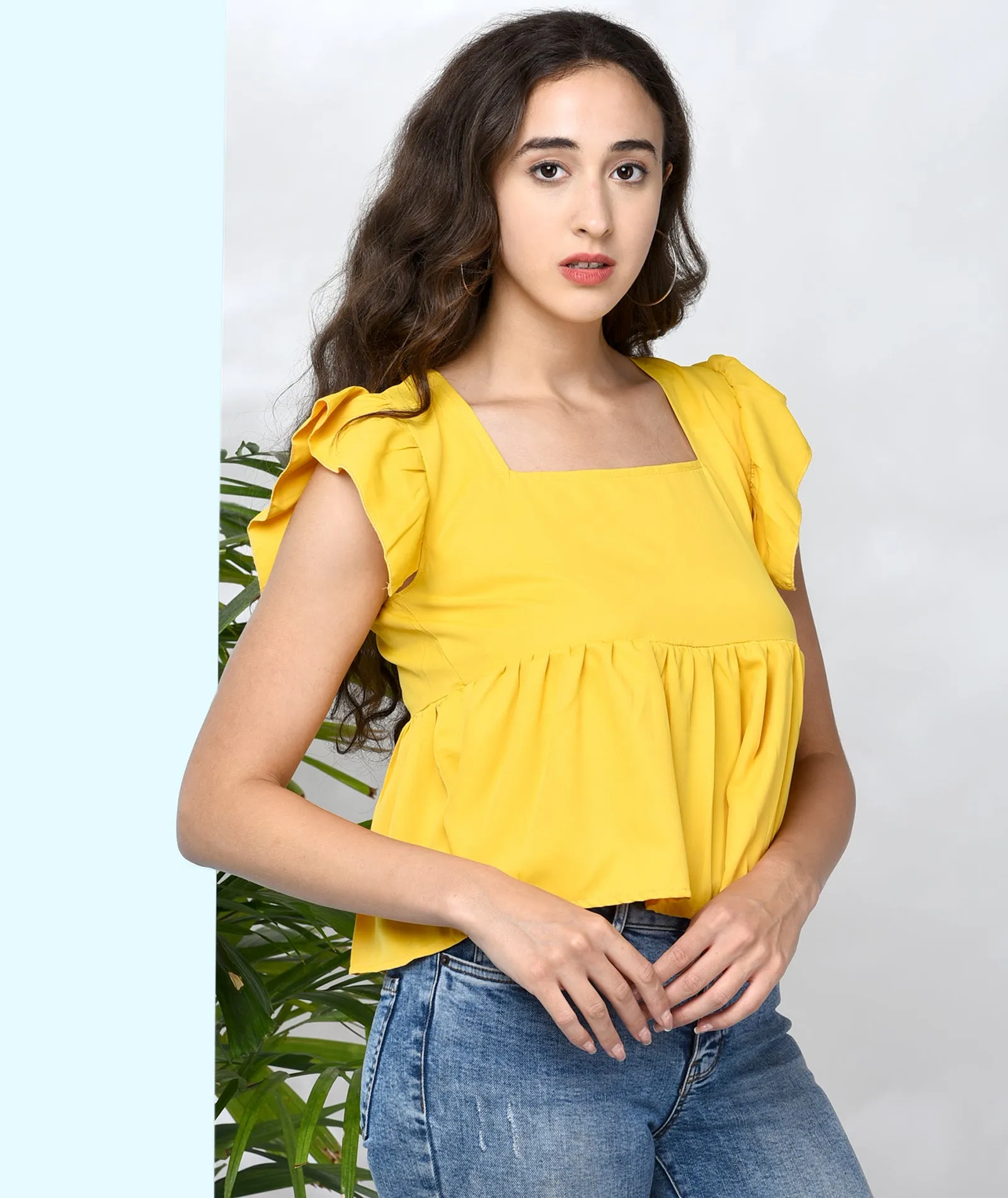 Chimpaaanzee Women Mustard Solid Ruffled Style Top