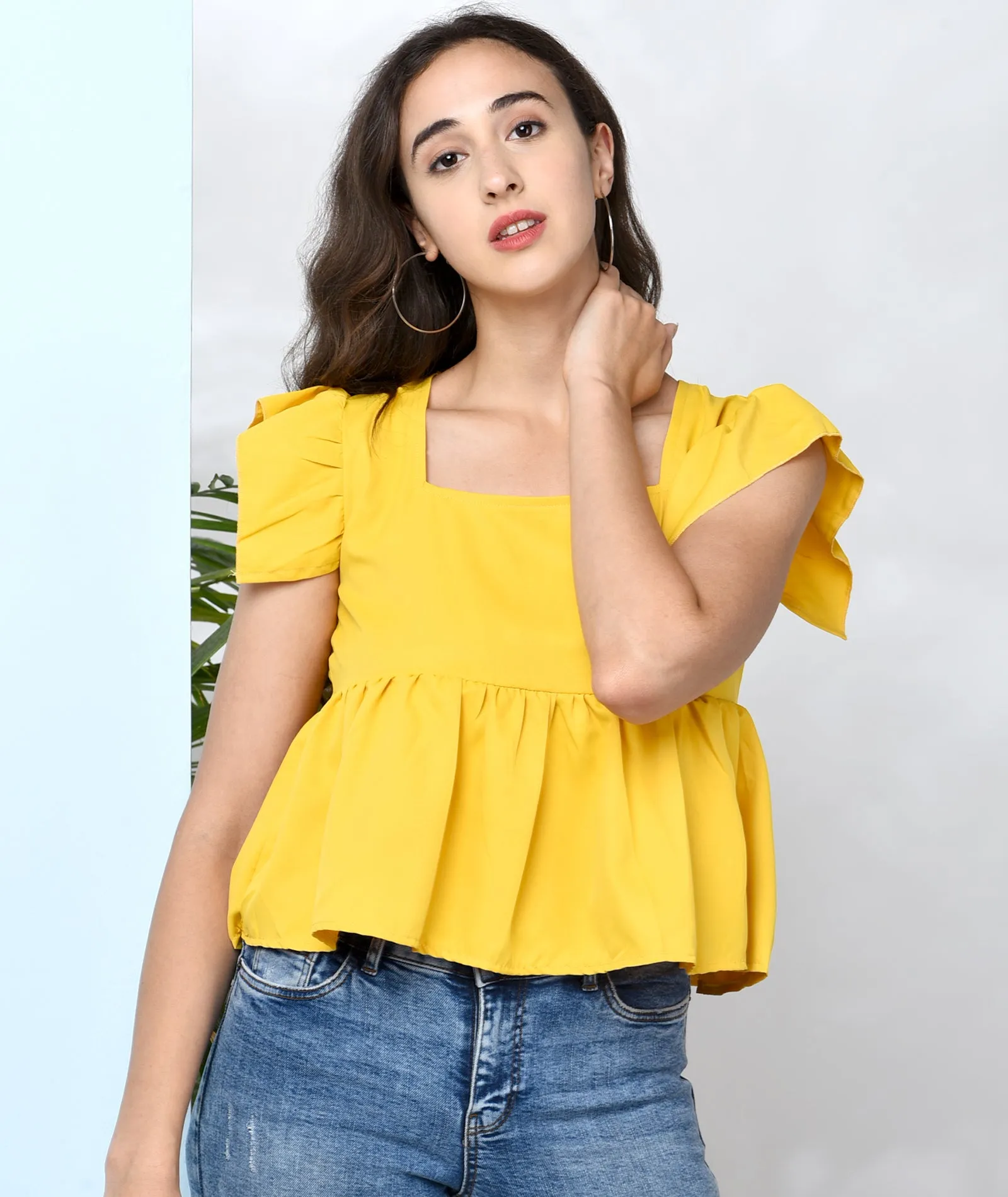 Chimpaaanzee Women Mustard Solid Ruffled Style Top