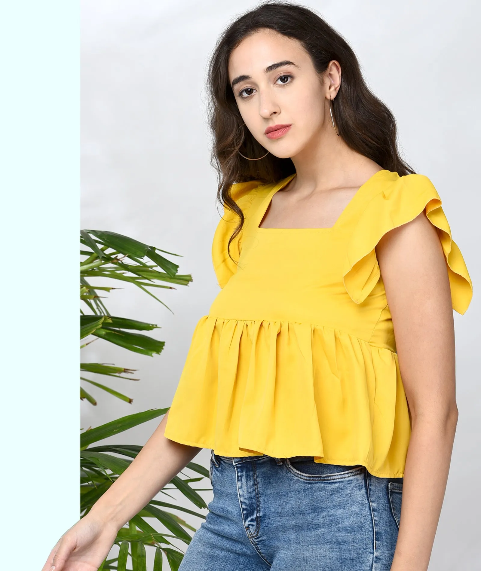 Chimpaaanzee Women Mustard Solid Ruffled Style Top