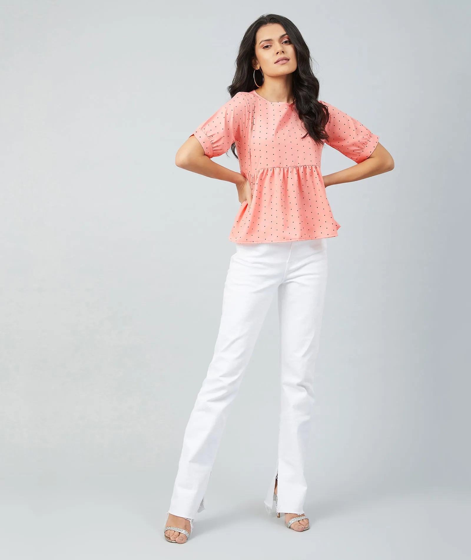 Chimpaaanzee women Peach Crepe Polka Doted Half Sleeve Style Top
