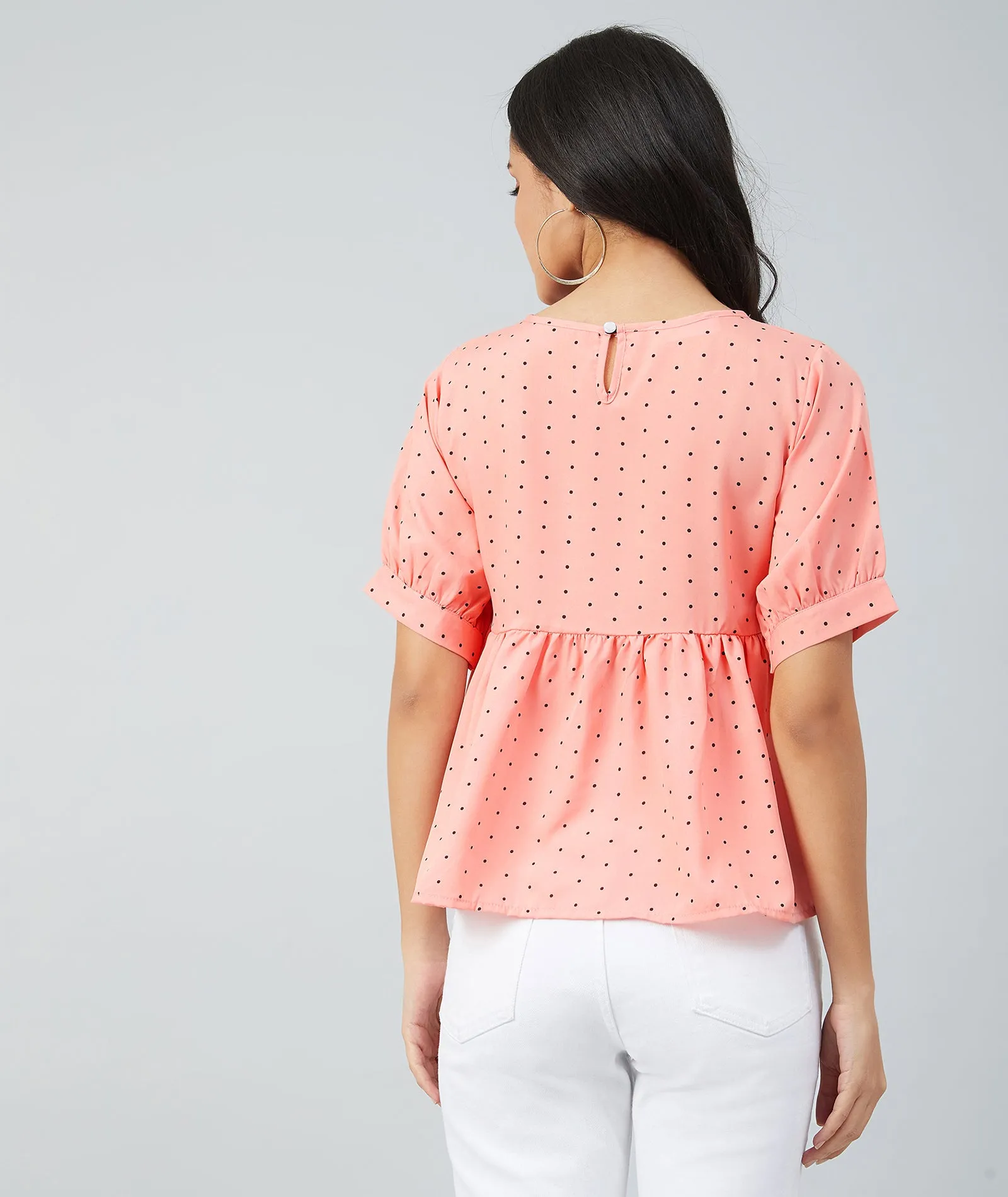 Chimpaaanzee women Peach Crepe Polka Doted Half Sleeve Style Top