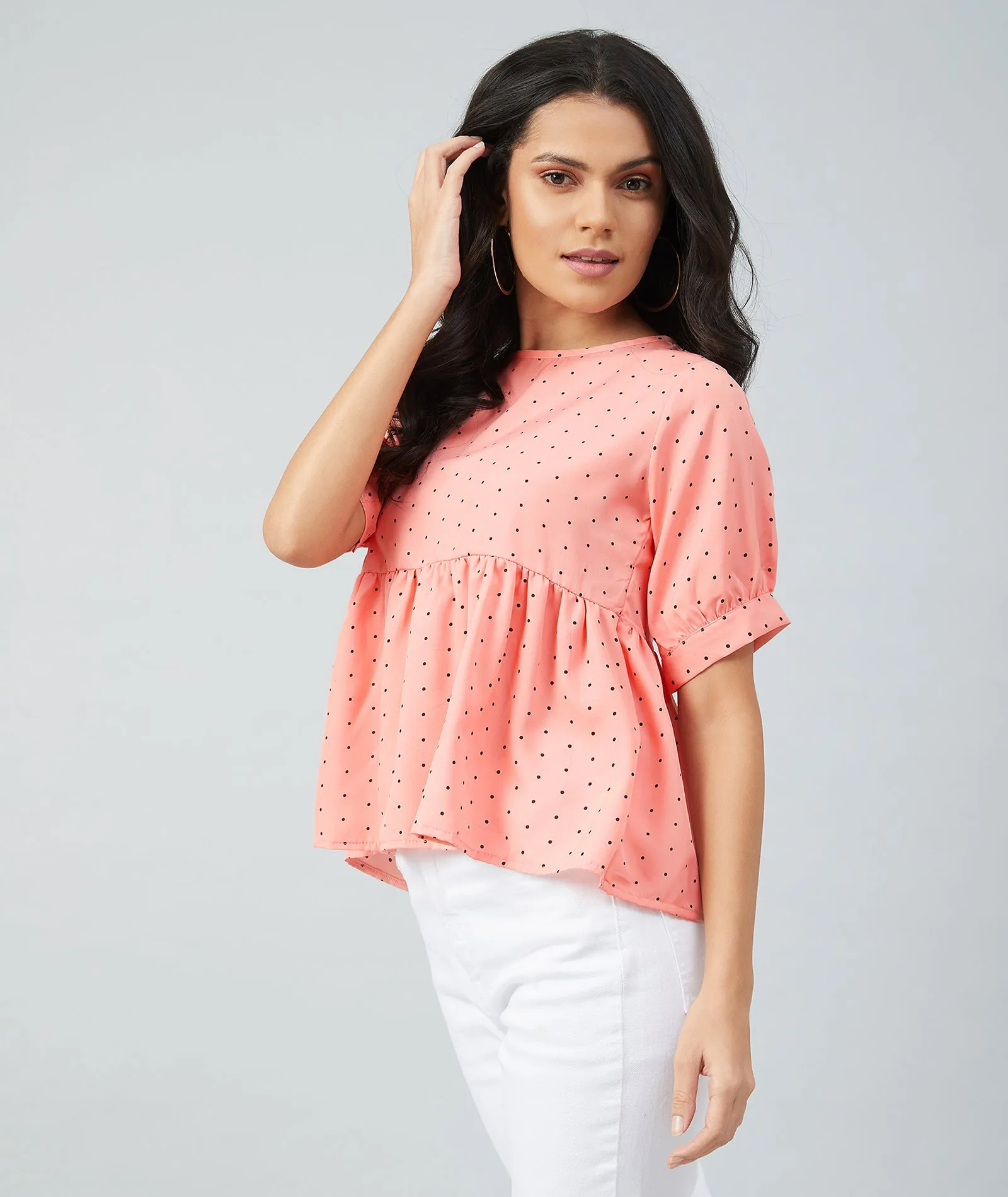 Chimpaaanzee women Peach Crepe Polka Doted Half Sleeve Style Top