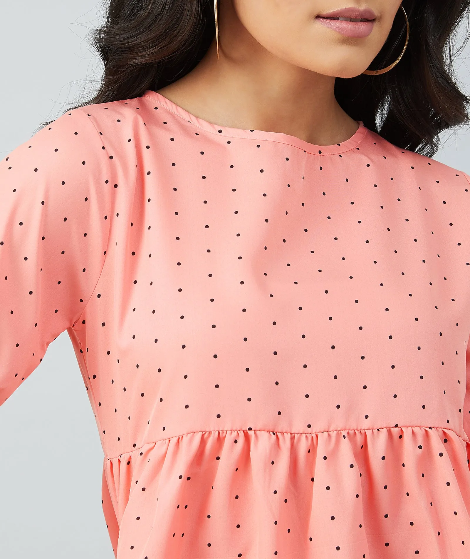 Chimpaaanzee women Peach Crepe Polka Doted Half Sleeve Style Top