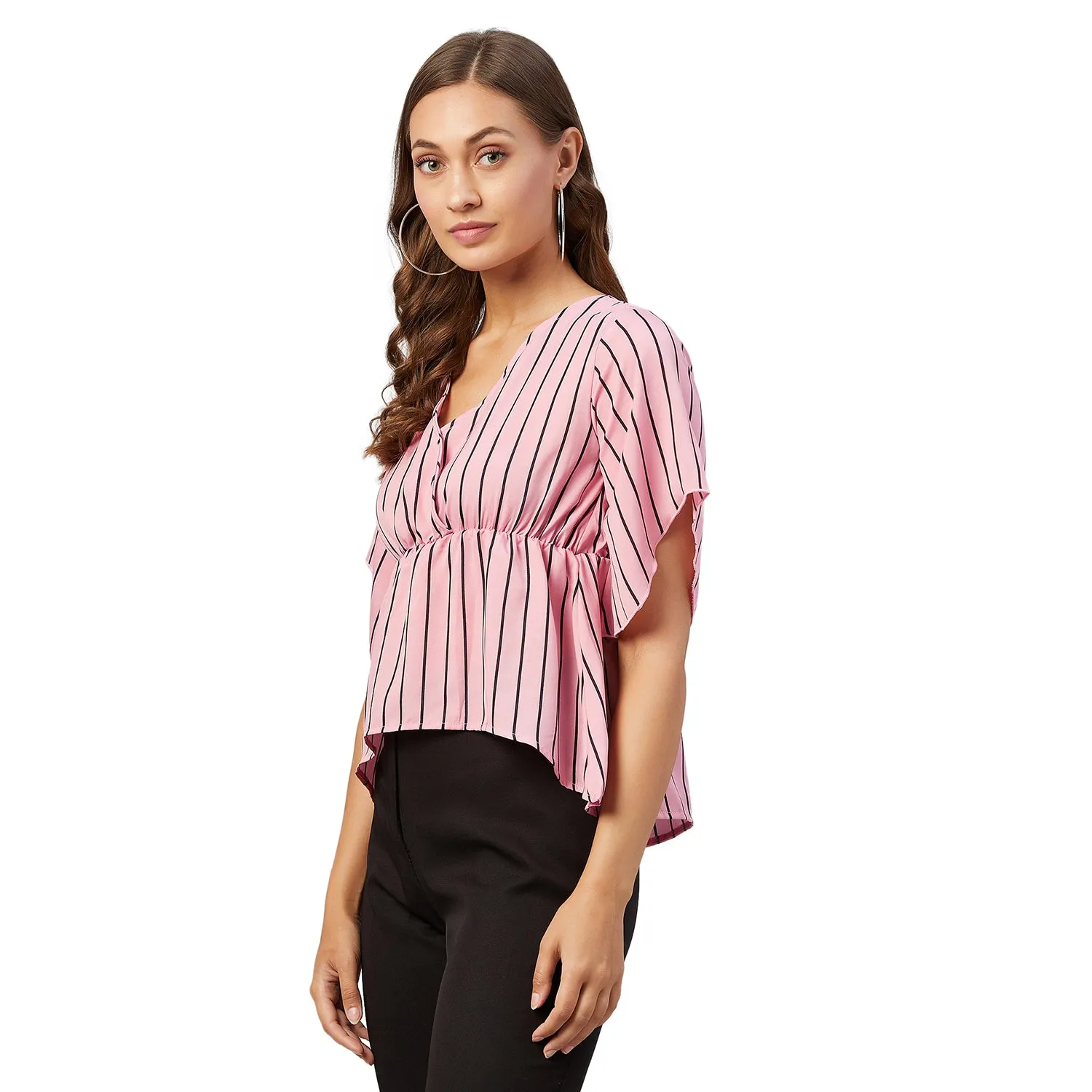 Chimpaaanzee Women Pink Striped Crepe Asymmetrical Top