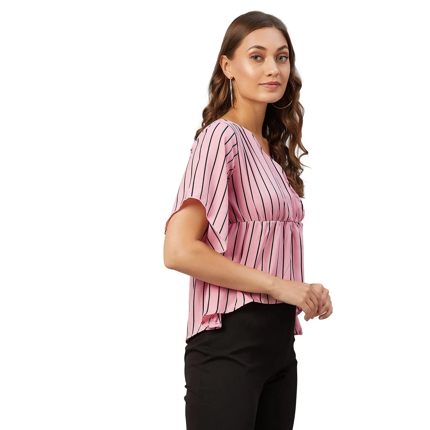 Chimpaaanzee Women Pink Striped Crepe Asymmetrical Top