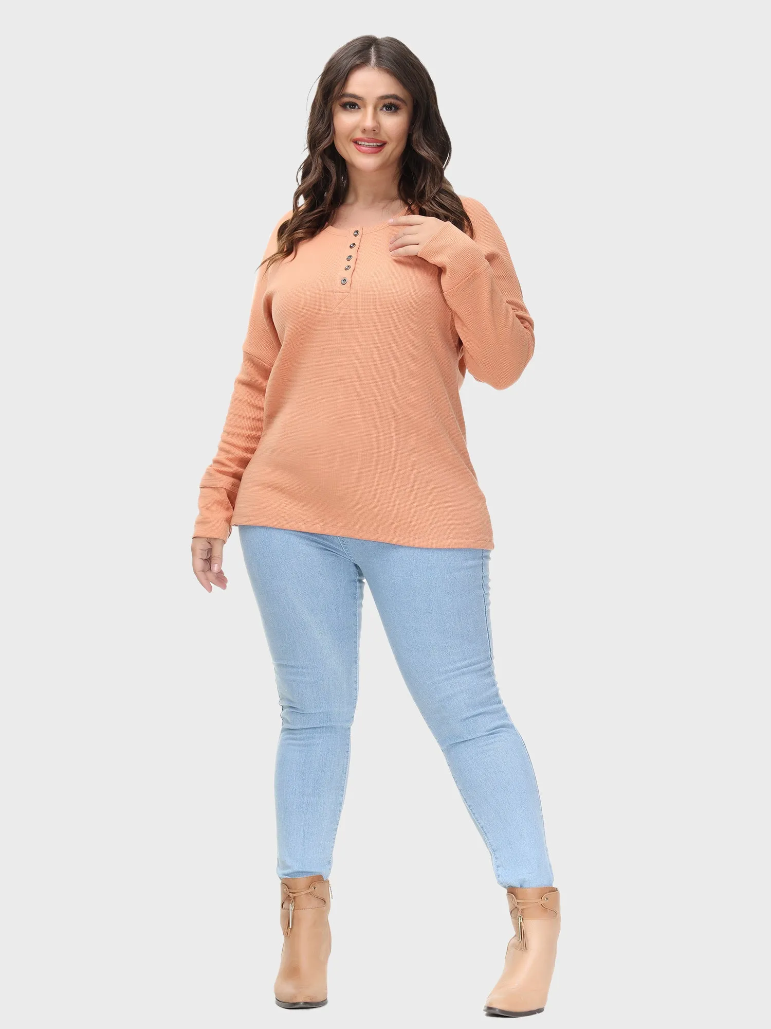 Crewneck Button-Embellished Waffle Knit Sweater