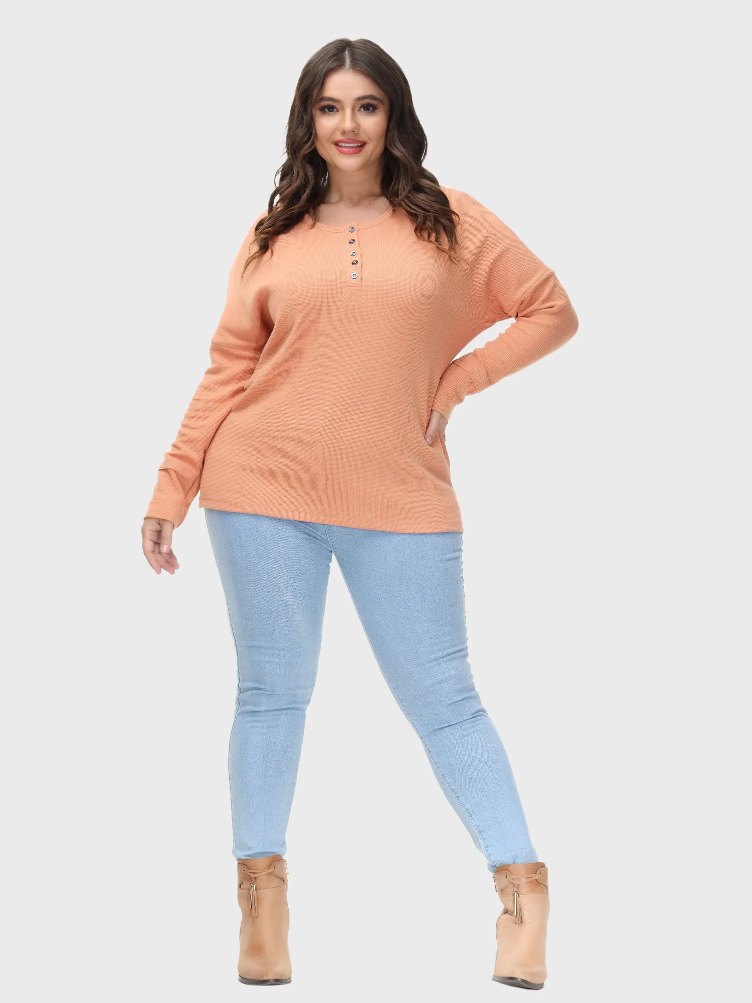Crewneck Button-Embellished Waffle Knit Sweater
