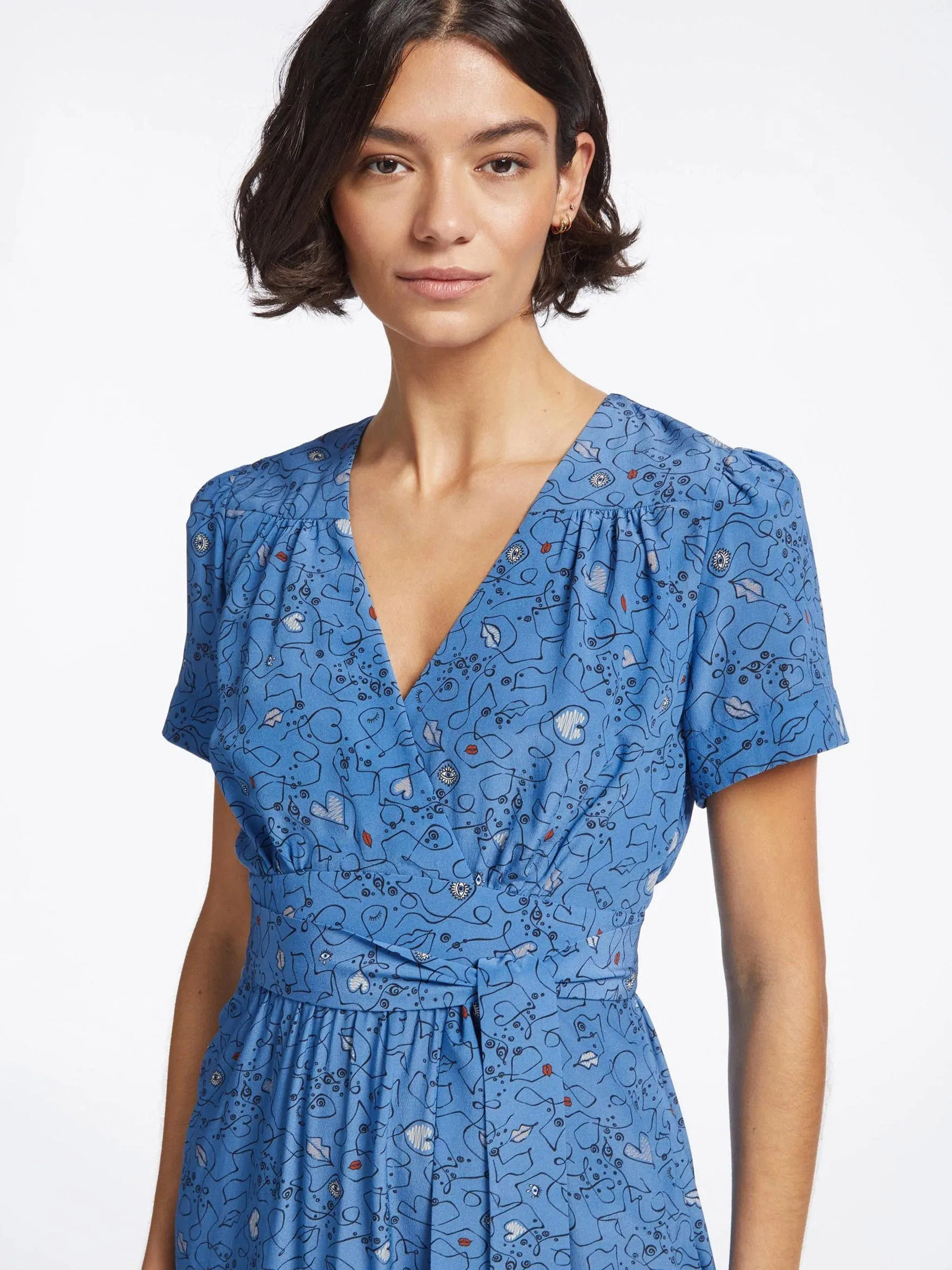 Gina lips and eyes print blue silk maxi dress