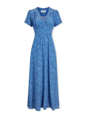 Gina lips and eyes print blue silk maxi dress