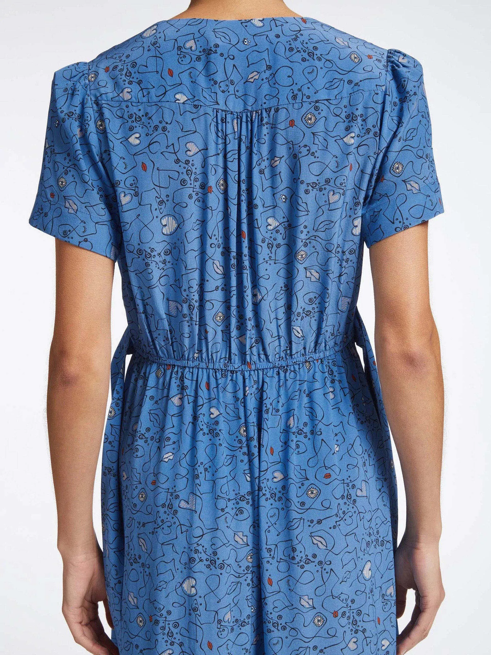 Gina lips and eyes print blue silk maxi dress