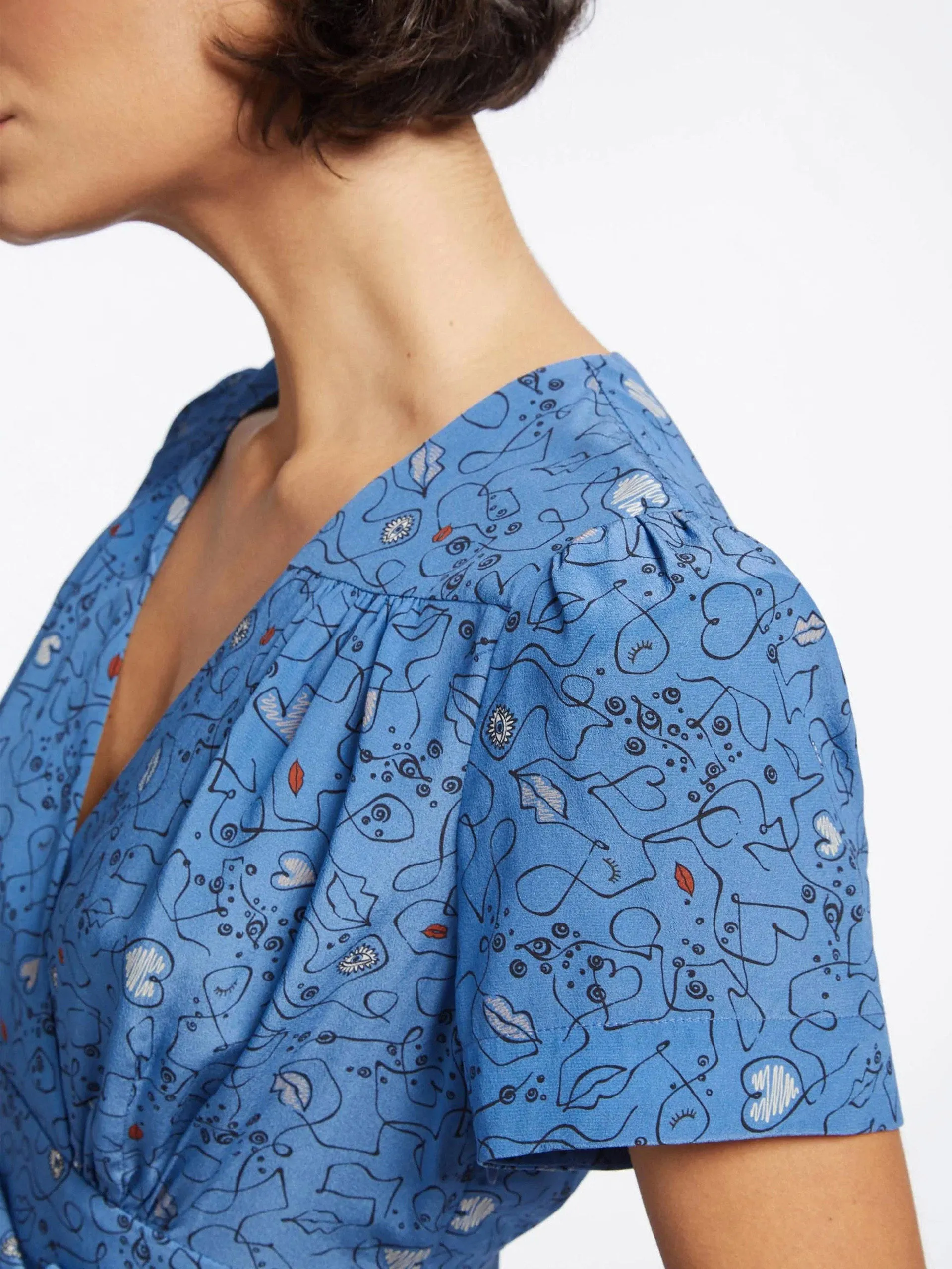 Gina lips and eyes print blue silk maxi dress