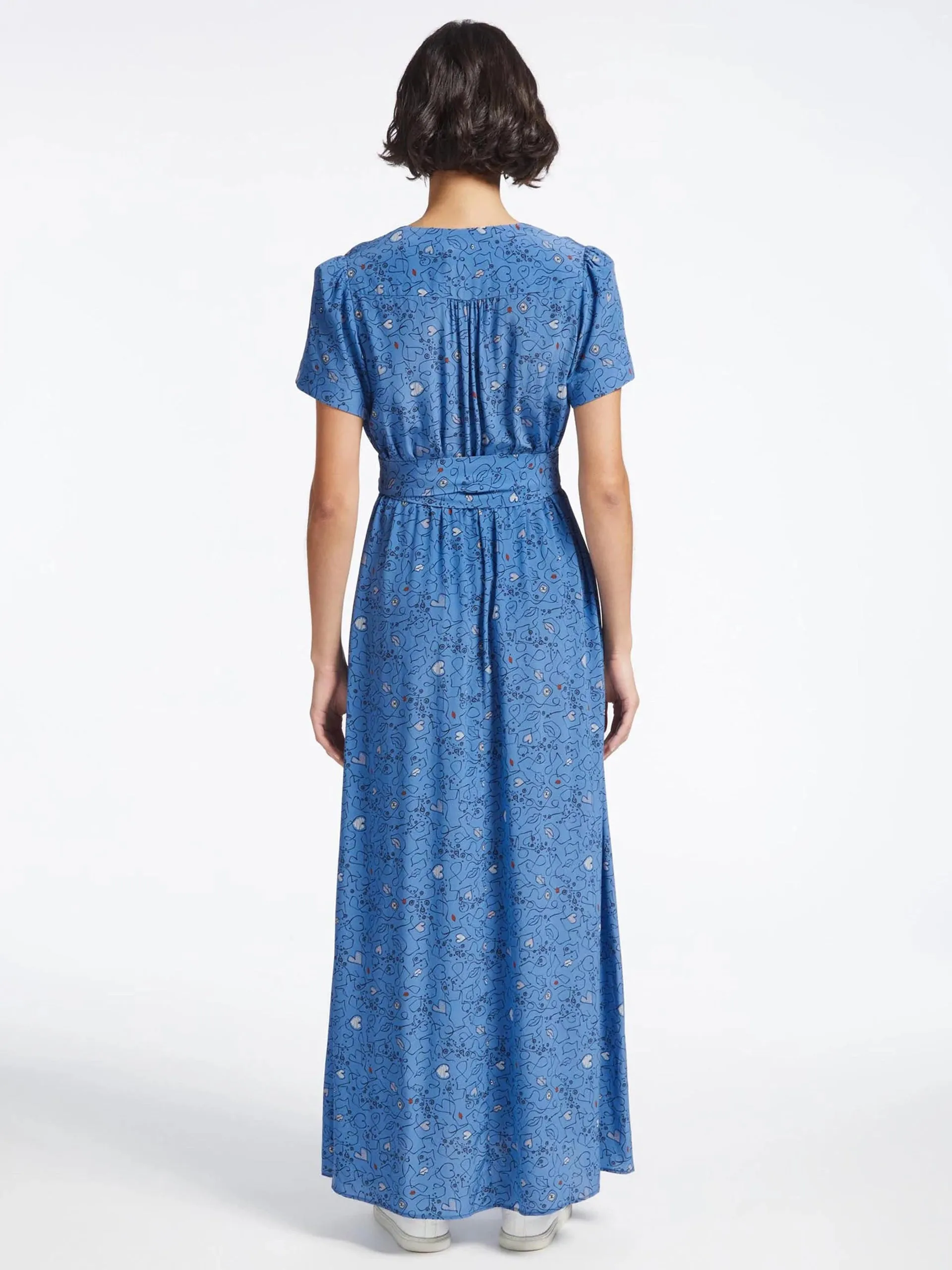 Gina lips and eyes print blue silk maxi dress