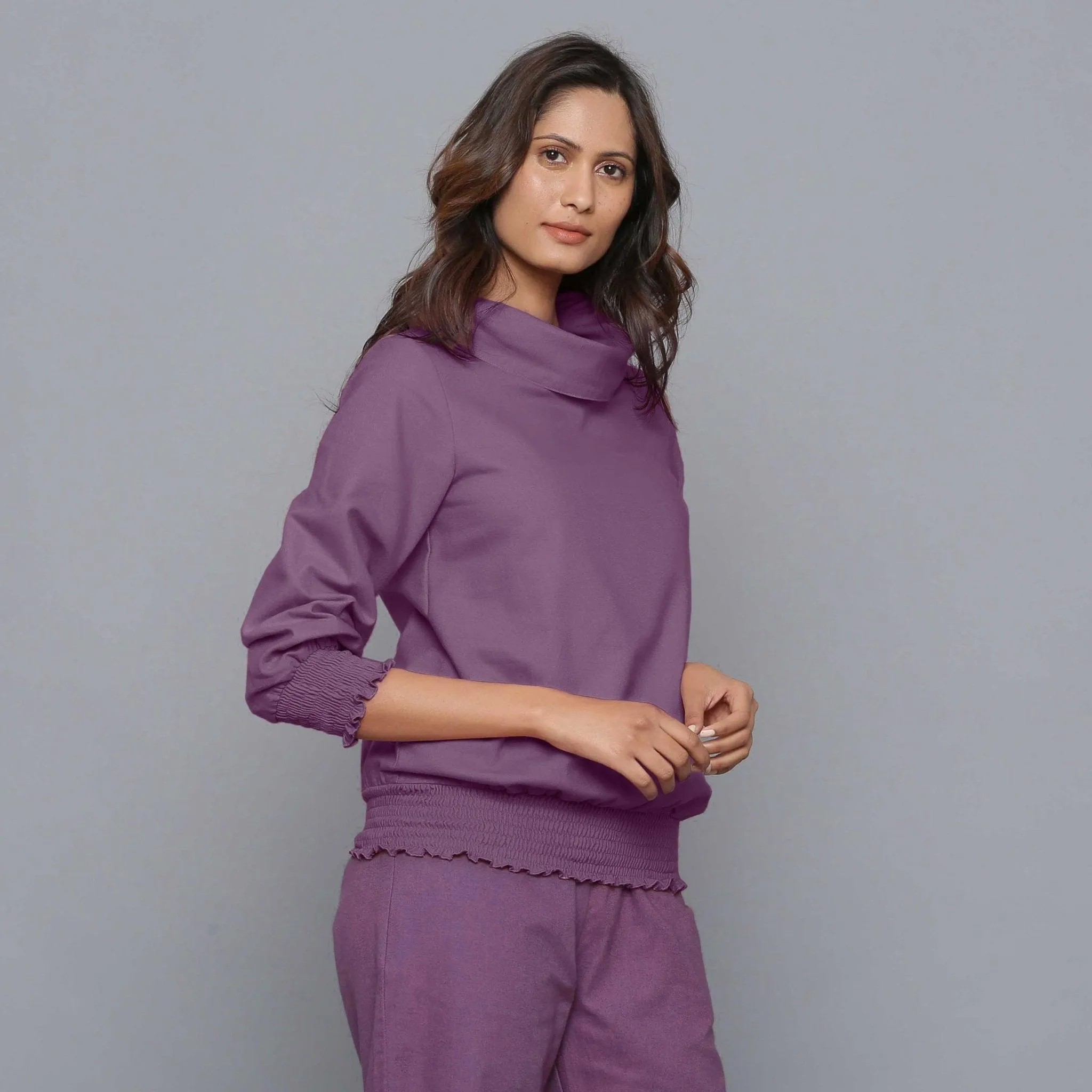 Grape Wine Warm Cotton Flannel Cowl Neck Top