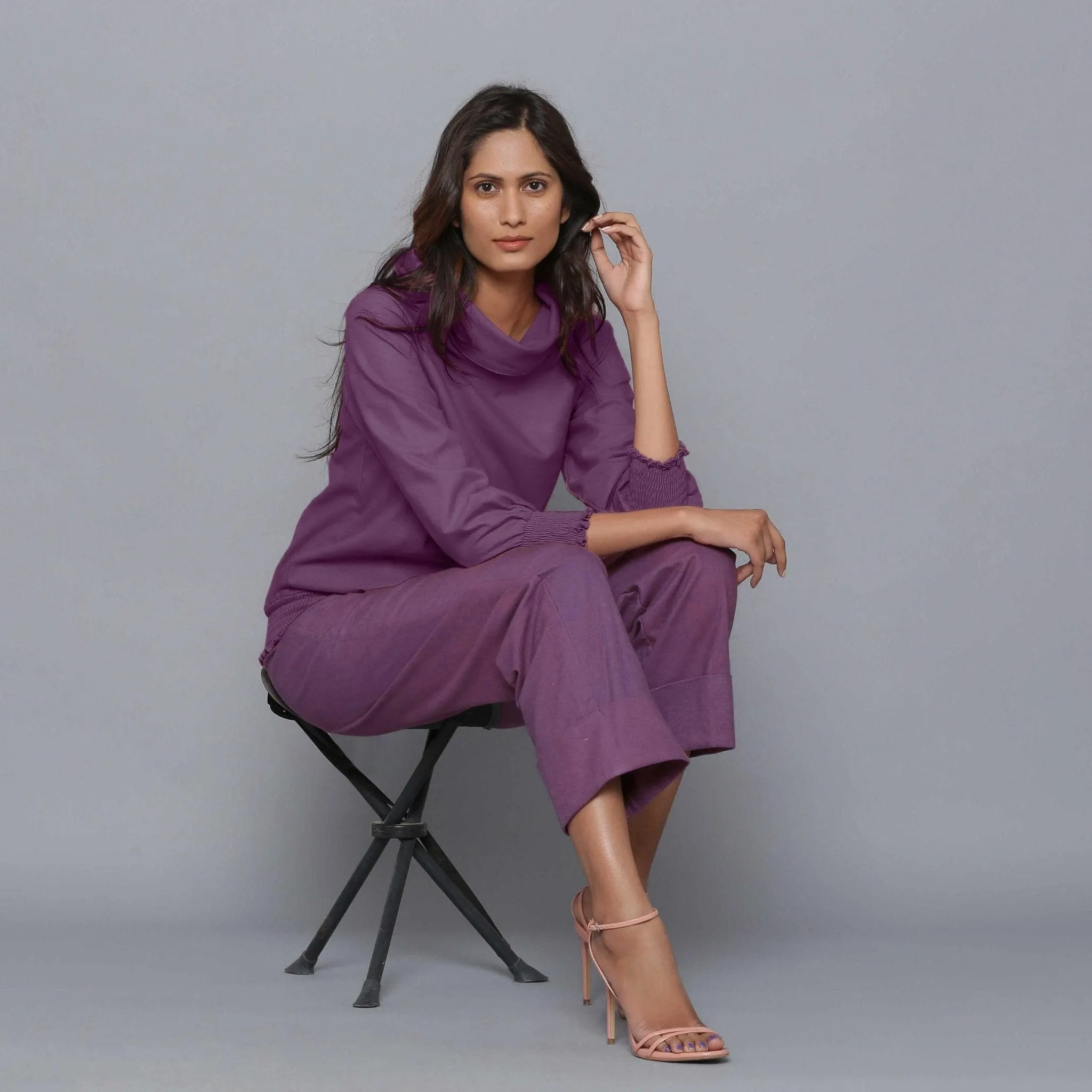 Grape Wine Warm Cotton Flannel Cowl Neck Top