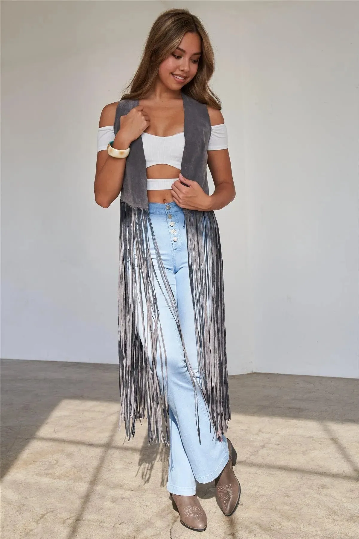 Grey Sleeveless Suede Cropped Boho Vest With Long Fringe Detail